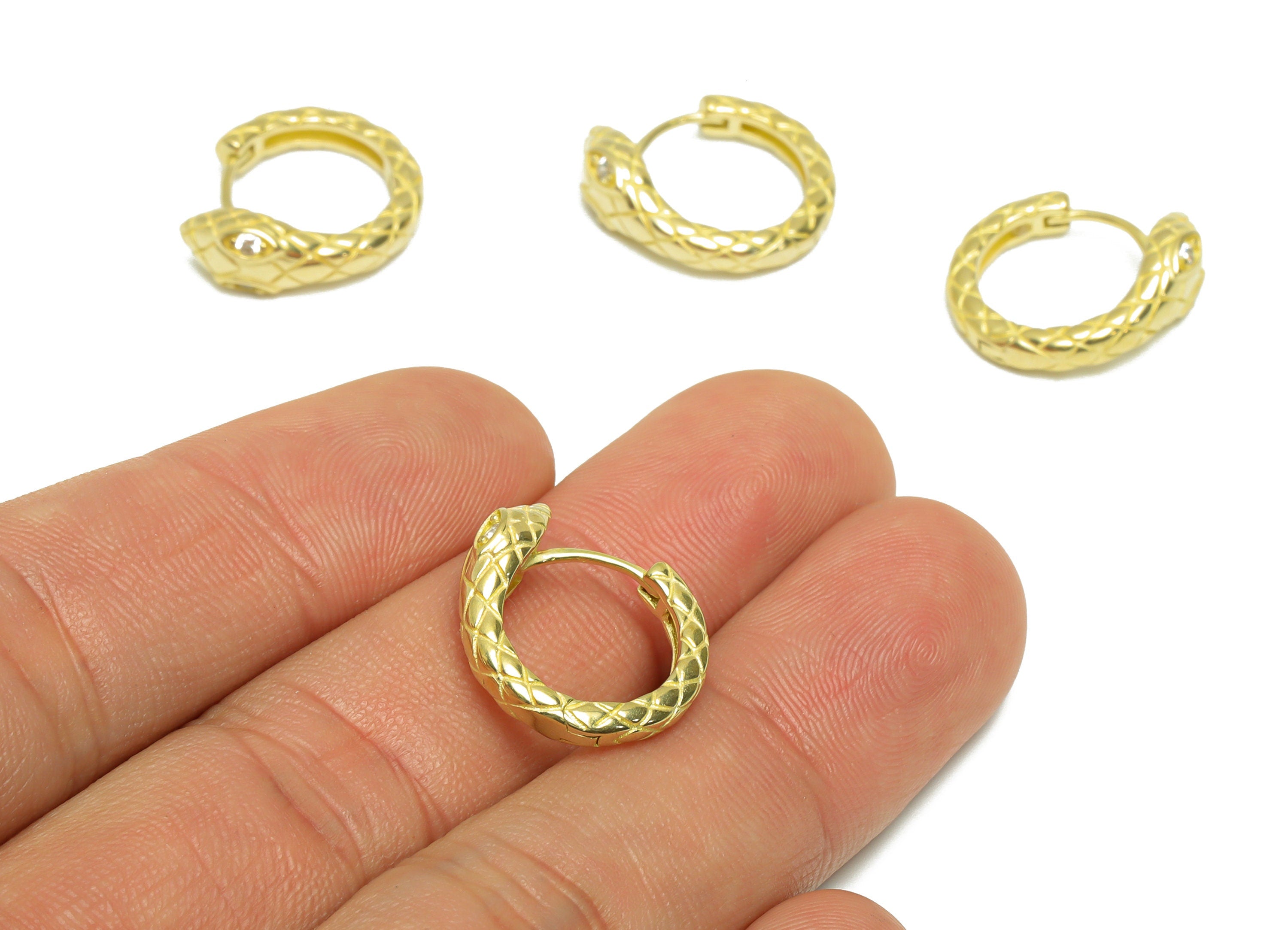 Brass CZ Snake Huggie Hoop Earring - Raw Brass Cubic Zircon Hoop Wire Earring - Textured Snake Huggie Clasp Hoop Earring - 18x17x6mm -PP9791 - DOMEDBAZAAR