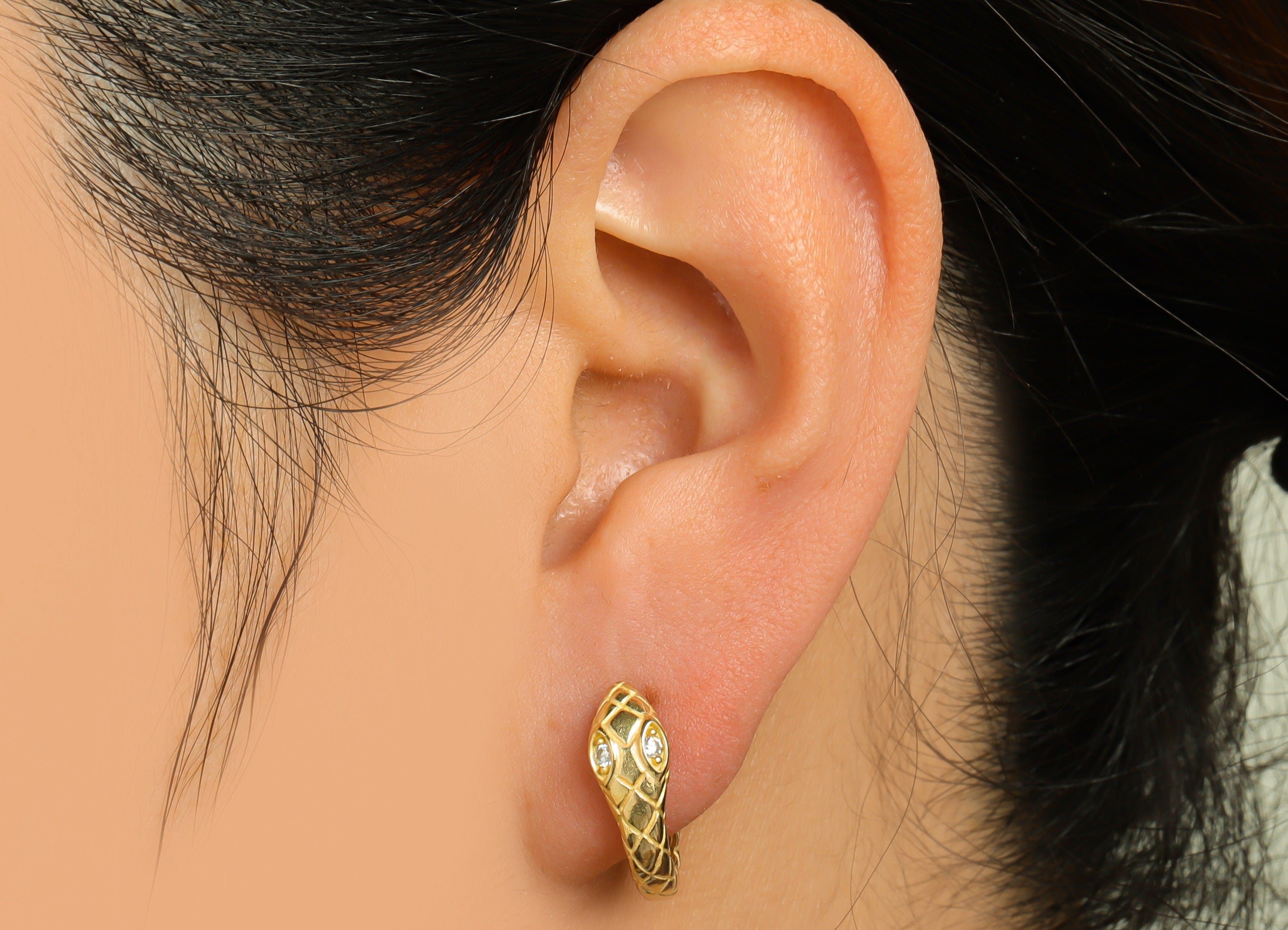 Brass CZ Snake Huggie Hoop Earring - Raw Brass Cubic Zircon Hoop Wire Earring - Textured Snake Huggie Clasp Hoop Earring - 18x17x6mm -PP9791 - DOMEDBAZAAR