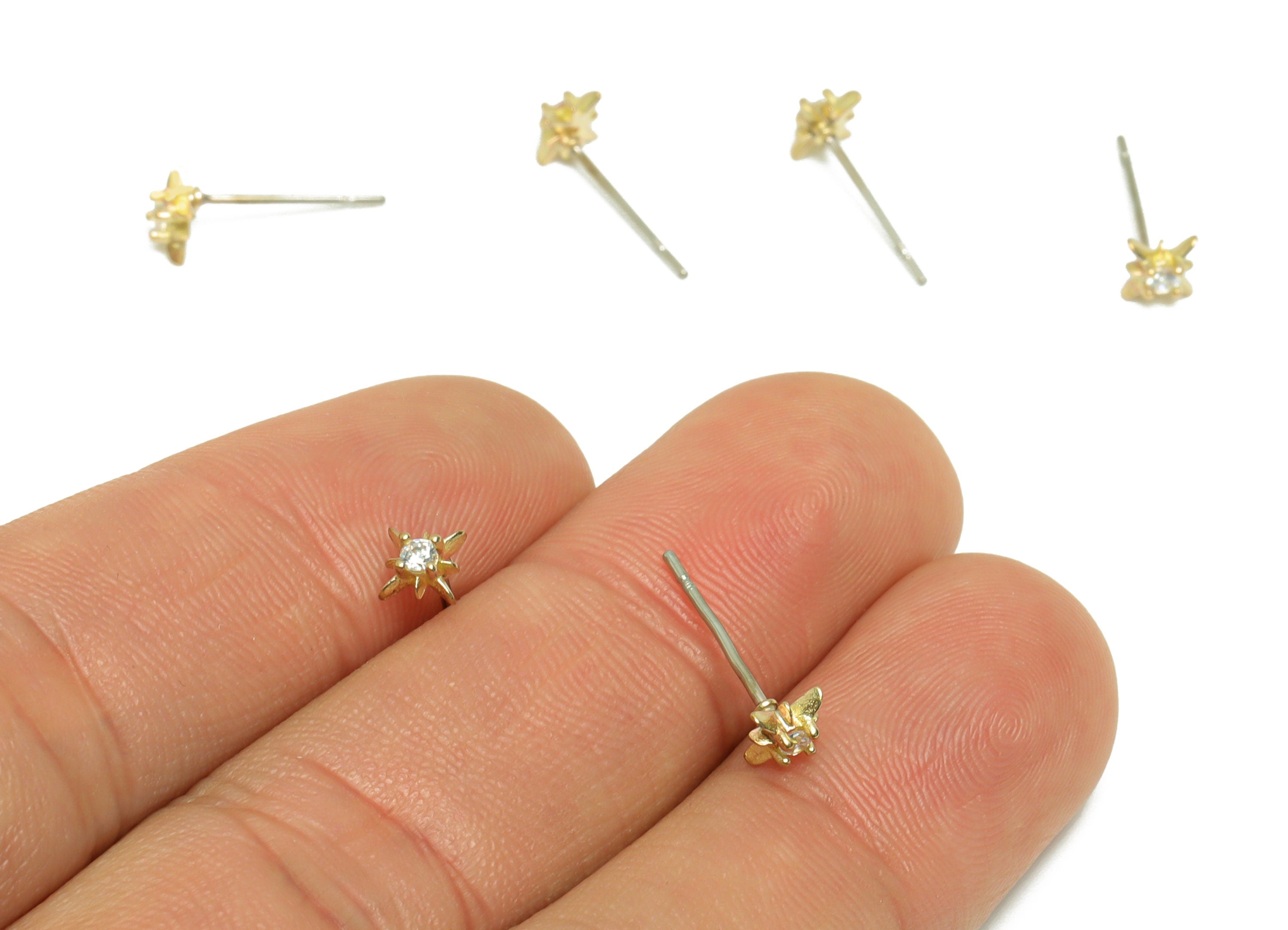 Brass CZ Star Earring Stud - Raw Brass Cubic Zircon North Star Earring - Brass Minimalist Star Zircon Earring Post - 14.3x5.9x3.3mm - PP9789 - DOMEDBAZAAR
