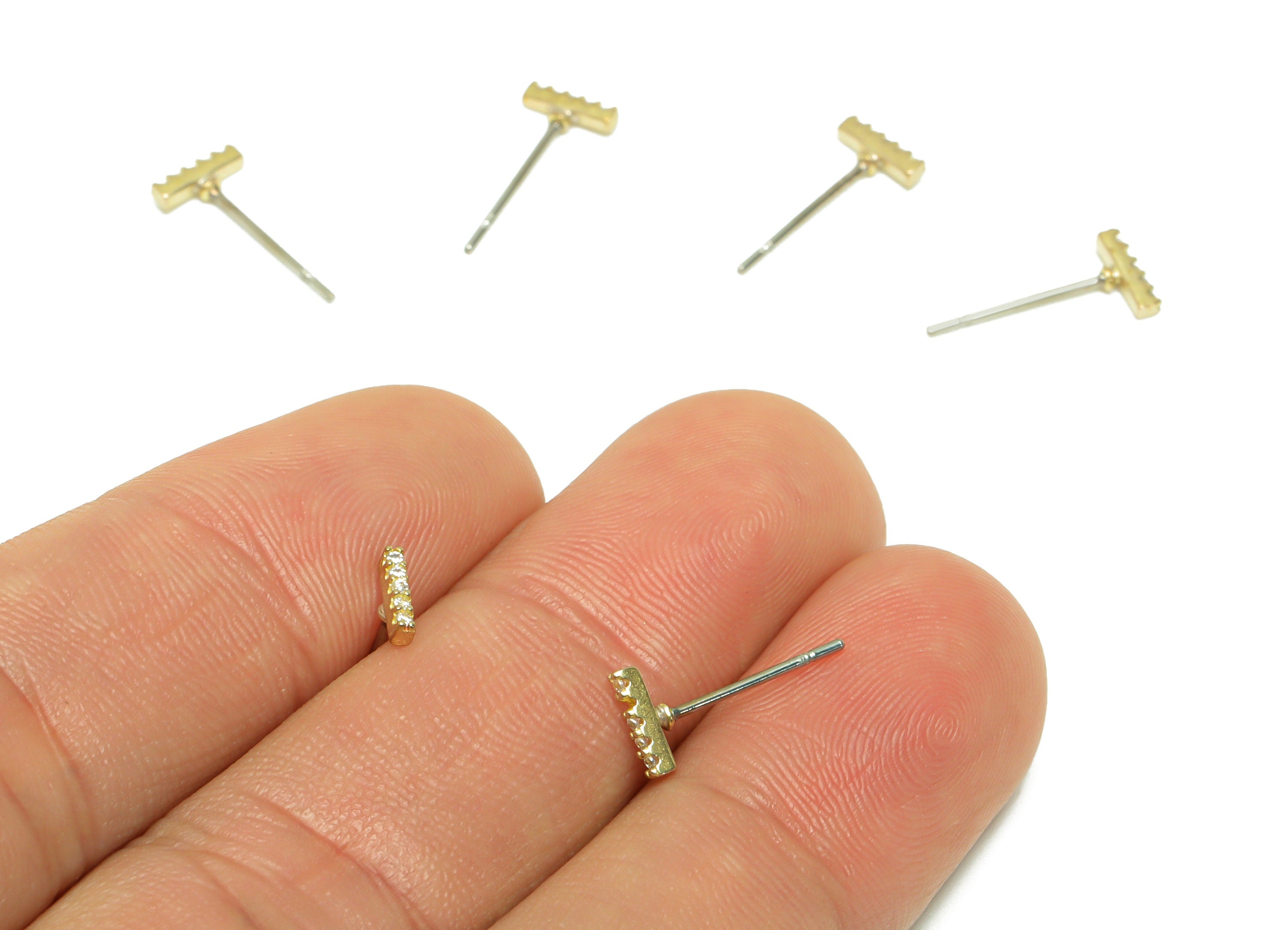 Brass CZ Rectangle Earring Stud - Raw Brass Cubic Zircon Stick Earring - Brass Minimalis Earring Post - Bar Stud Earring - 14x6x1mm - PP9782 - DOMEDBAZAAR