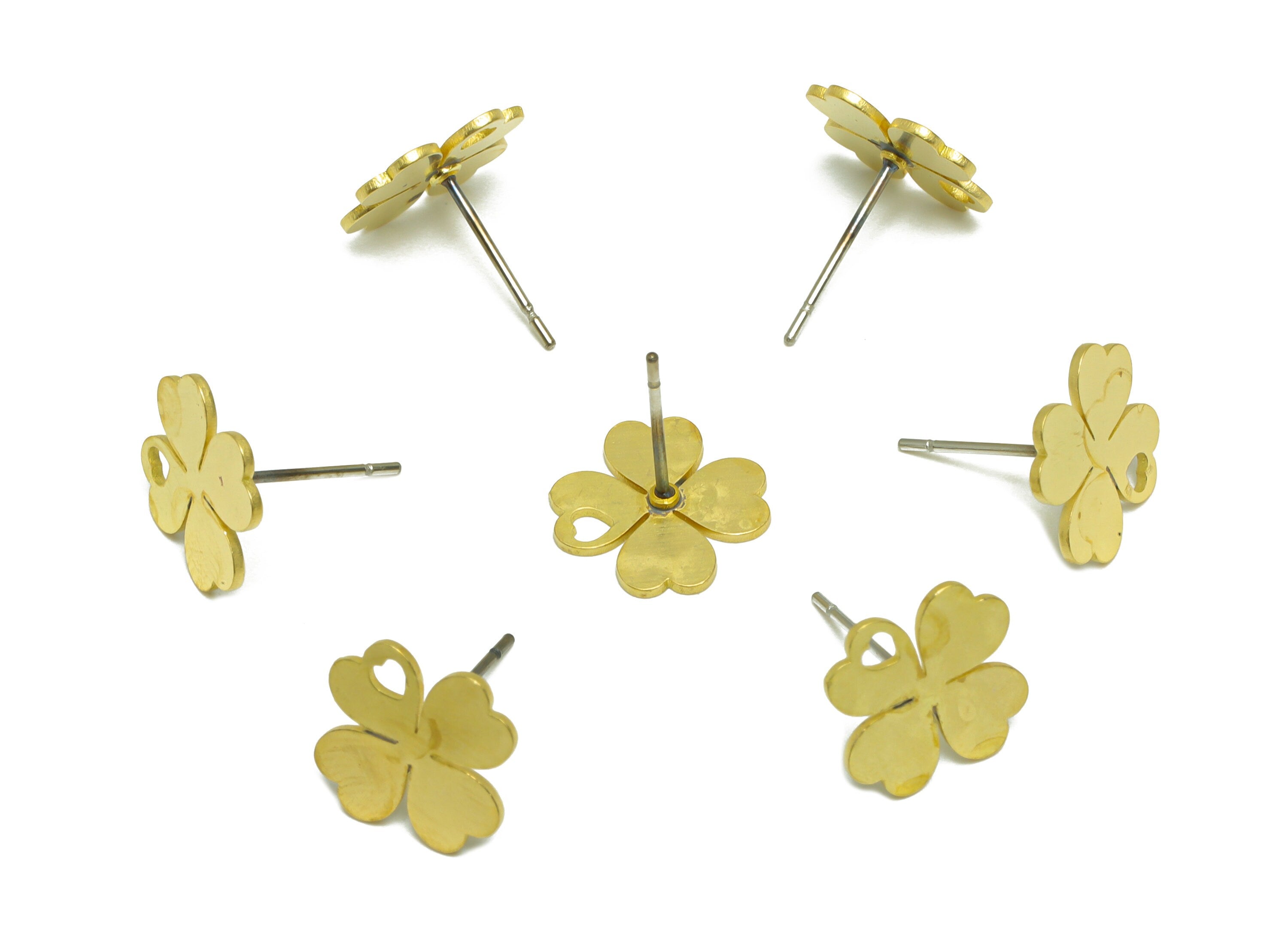 Brass Flower Earring Stud - Raw Brass Four Leaf Clover Earring Post - Brass Heart Leaf Clover Earring Post - 13.1x11x0.7mm - PP9796 - DOMEDBAZAAR