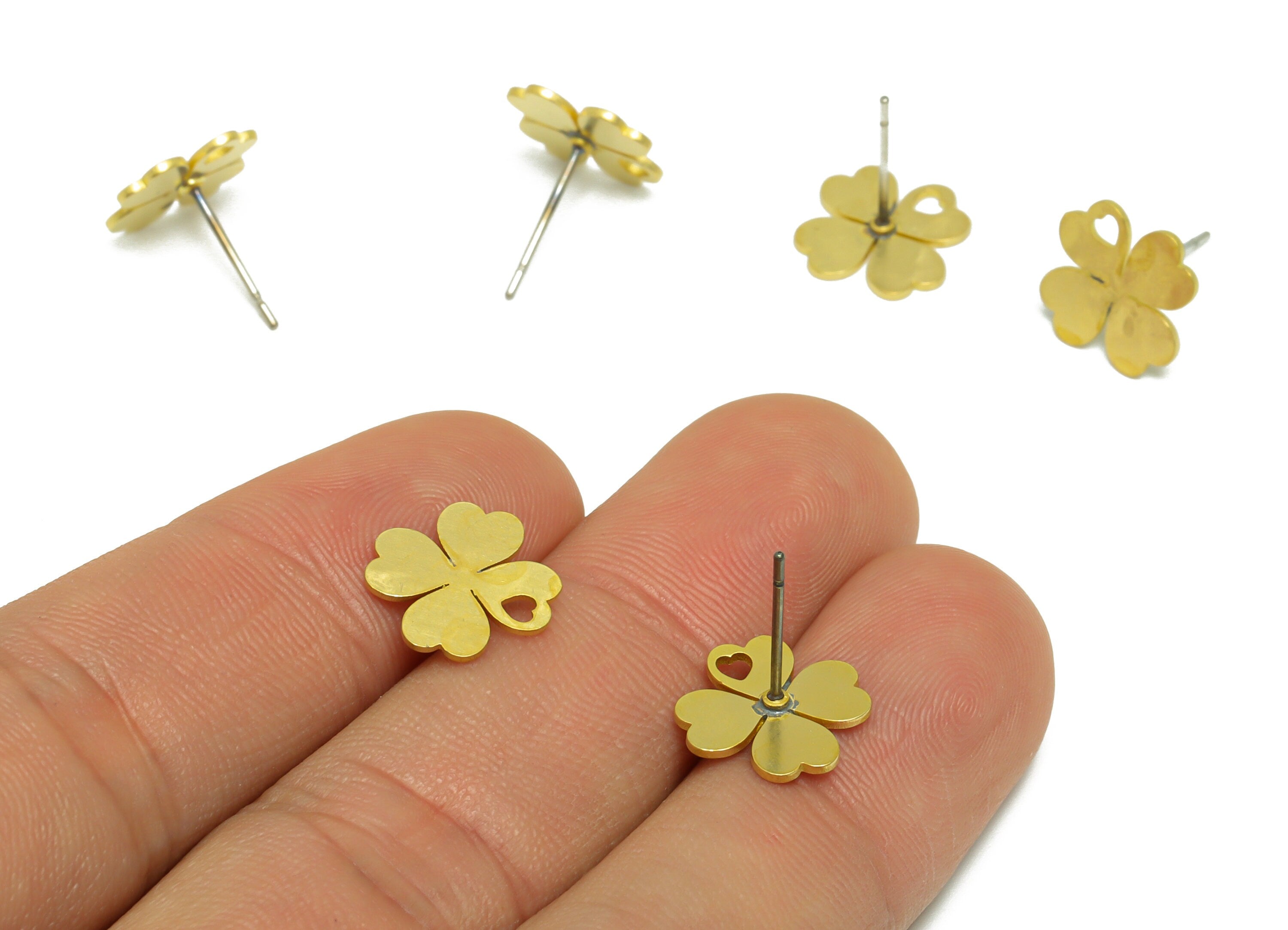 Brass Flower Earring Stud - Raw Brass Four Leaf Clover Earring Post - Brass Heart Leaf Clover Earring Post - 13.1x11x0.7mm - PP9796 - DOMEDBAZAAR