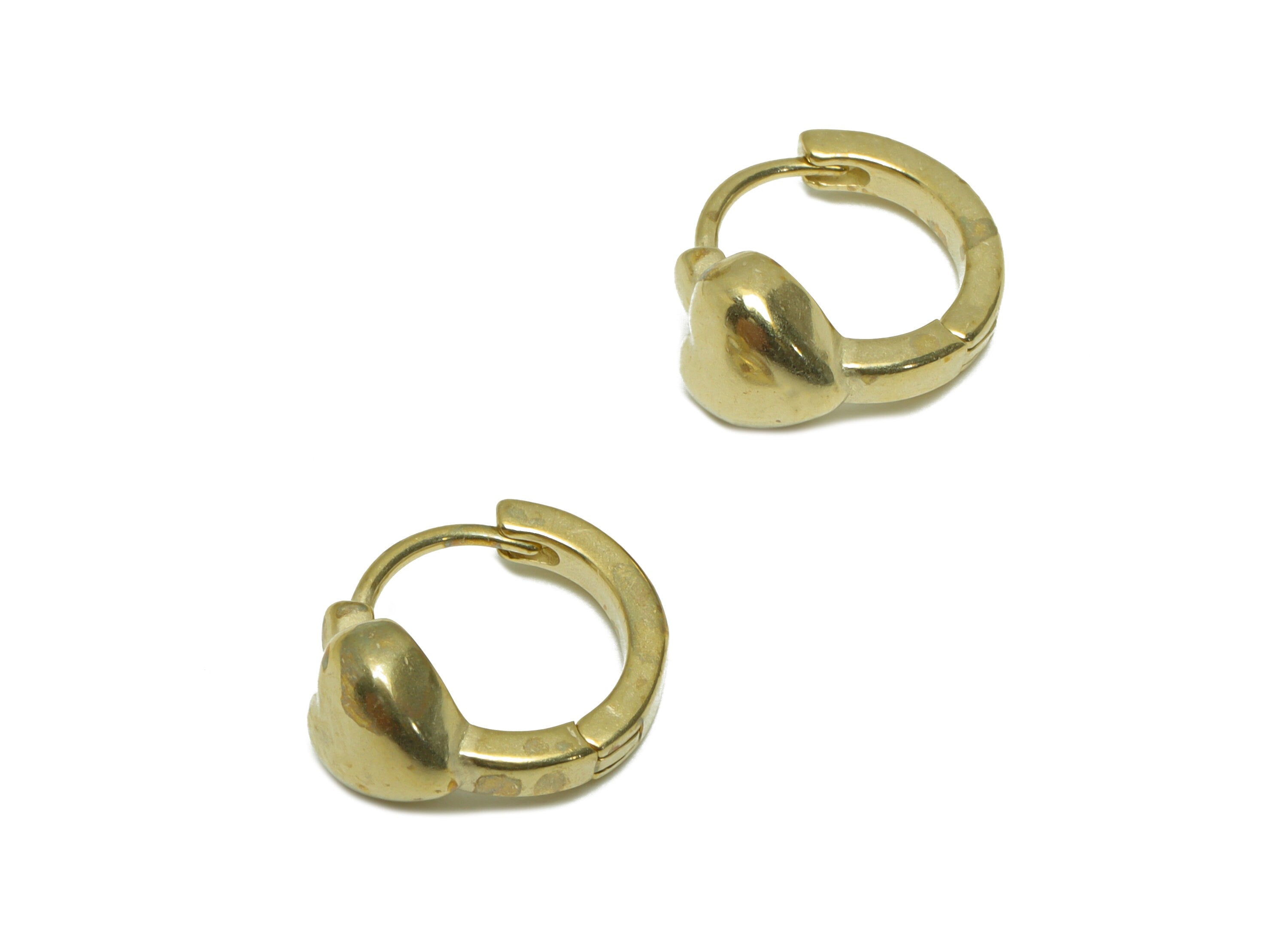 Brass Heart Huggie Hoop Earring - Raw Brass Round Hoop Wire Earring - Brass Cubic Heart Huggie Hoop Earring - 14.6x12.2x7.4mm - PP9803 - DOMEDBAZAAR