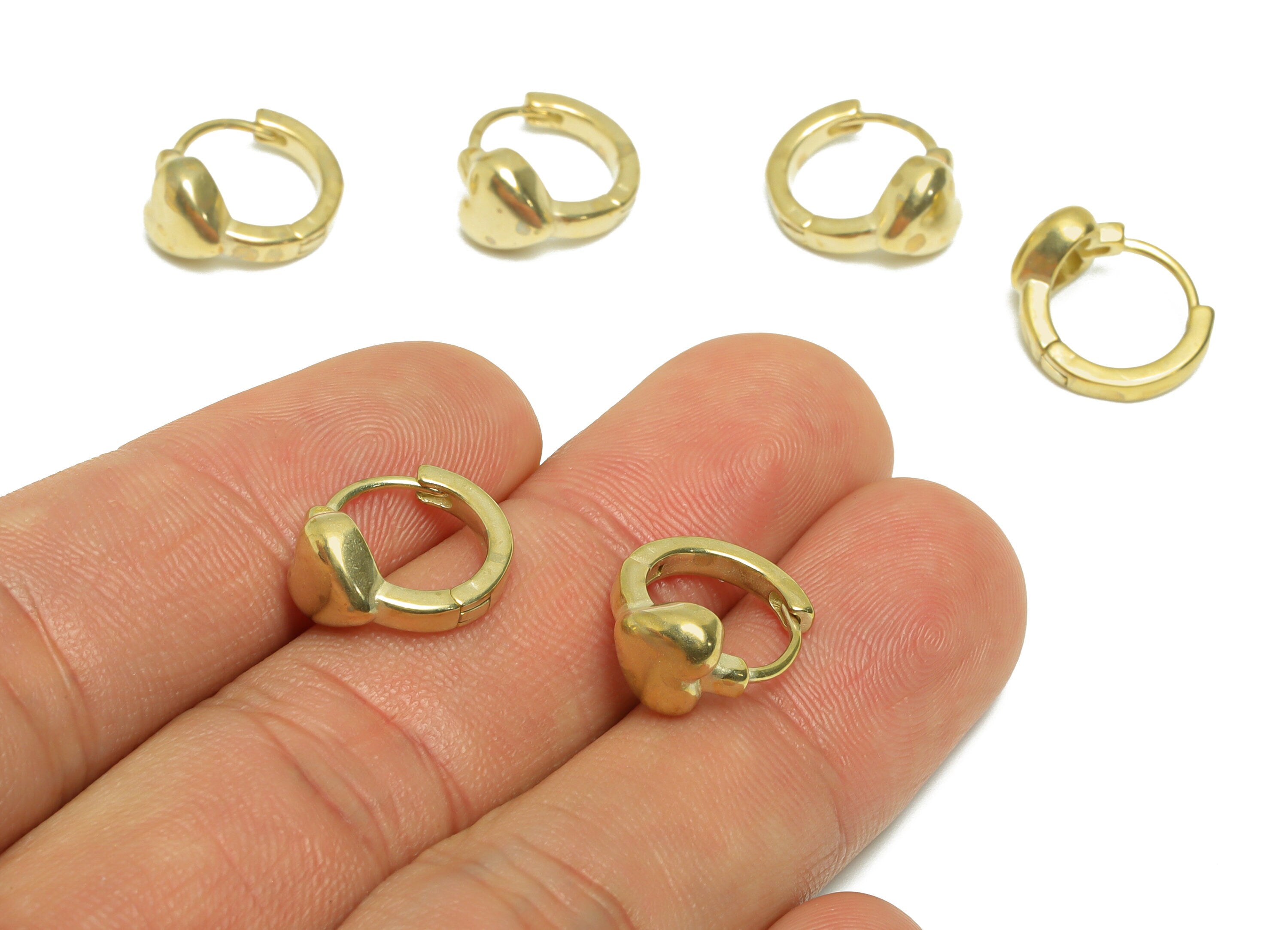 Brass Heart Huggie Hoop Earring - Raw Brass Round Hoop Wire Earring - Brass Cubic Heart Huggie Hoop Earring - 14.6x12.2x7.4mm - PP9803 - DOMEDBAZAAR