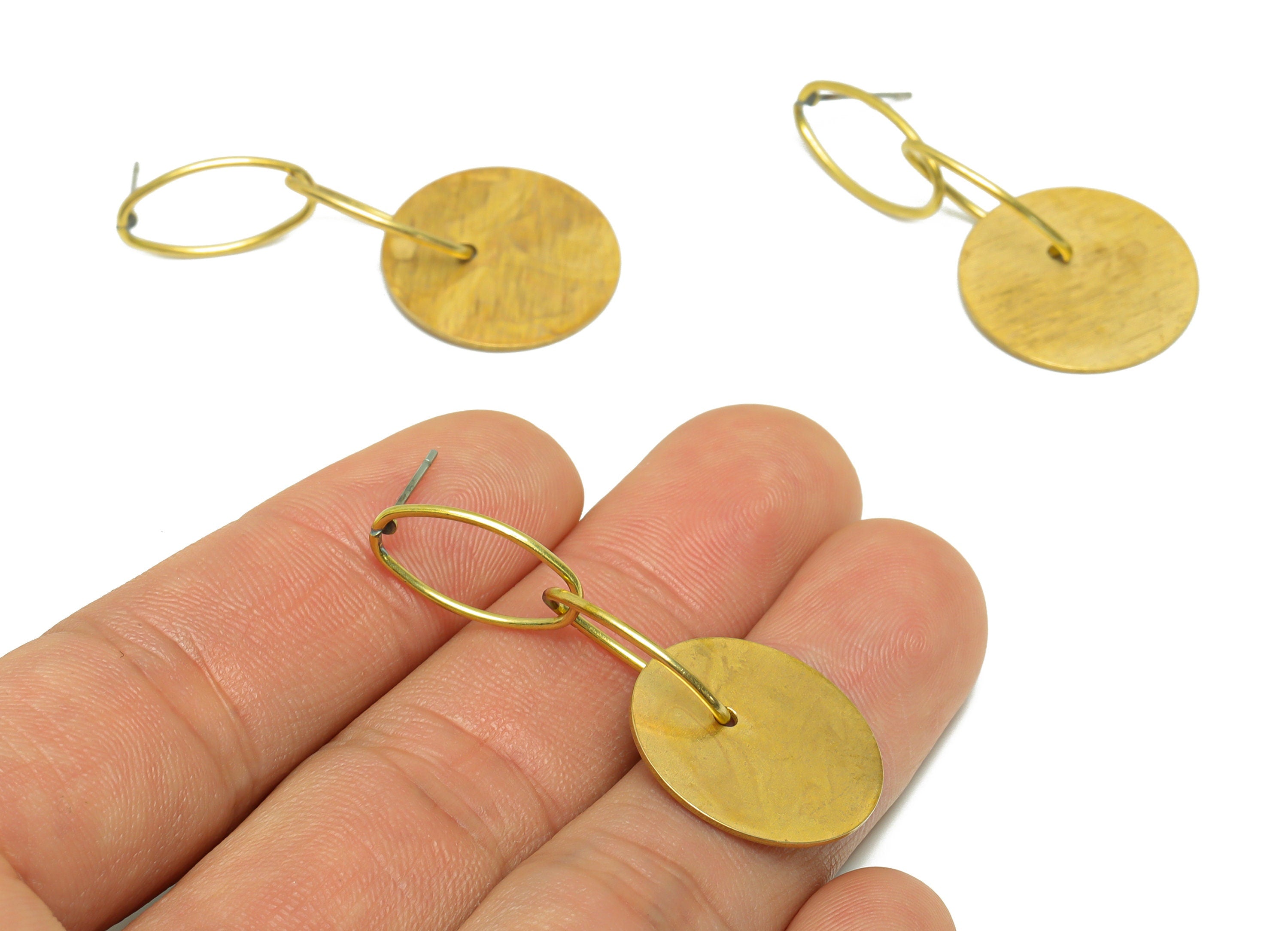 Brass Dangle Round Earring Stud - Raw Brass Disc Oval Interlocking Earring Post - Brass Textured Circle Earring Post - 45x19.89x1mm - PP9963 - DOMEDBAZAAR