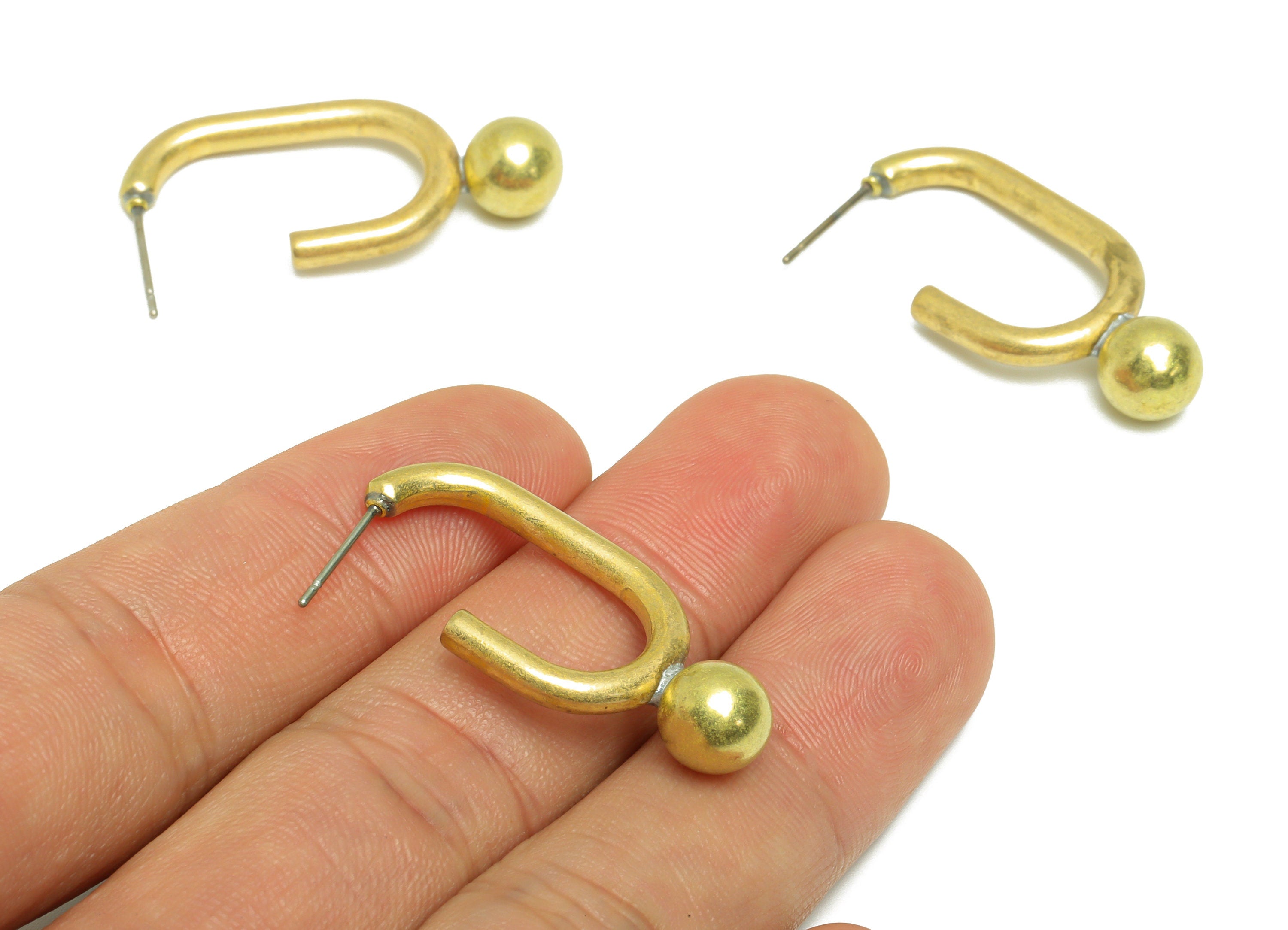 Brass C Hoop Earring Stud - Raw Brass Oval Rectangle Earring Post - Brass Ball Hoop Earring Post - Geometry Earring Post - 30x30x2mm -PP9974 - DOMEDBAZAAR