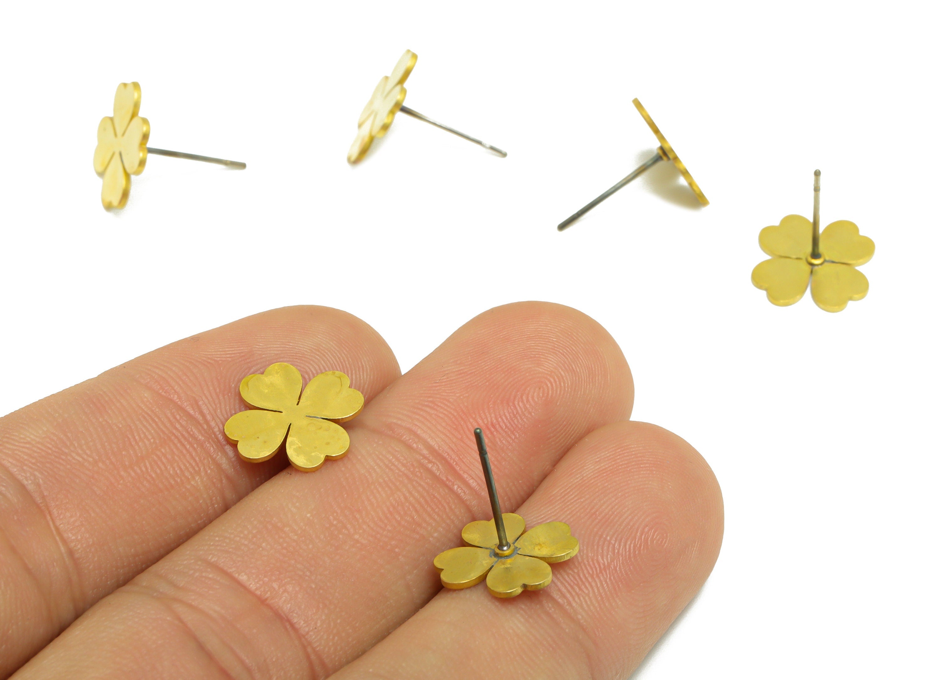 Brass Flower Earring Stud - Raw Brass Four Leaf Clover Earring Post - Brass Leaf Clover Earring Post - 13.1x11x0.7mm - PP9795 - DOMEDBAZAAR