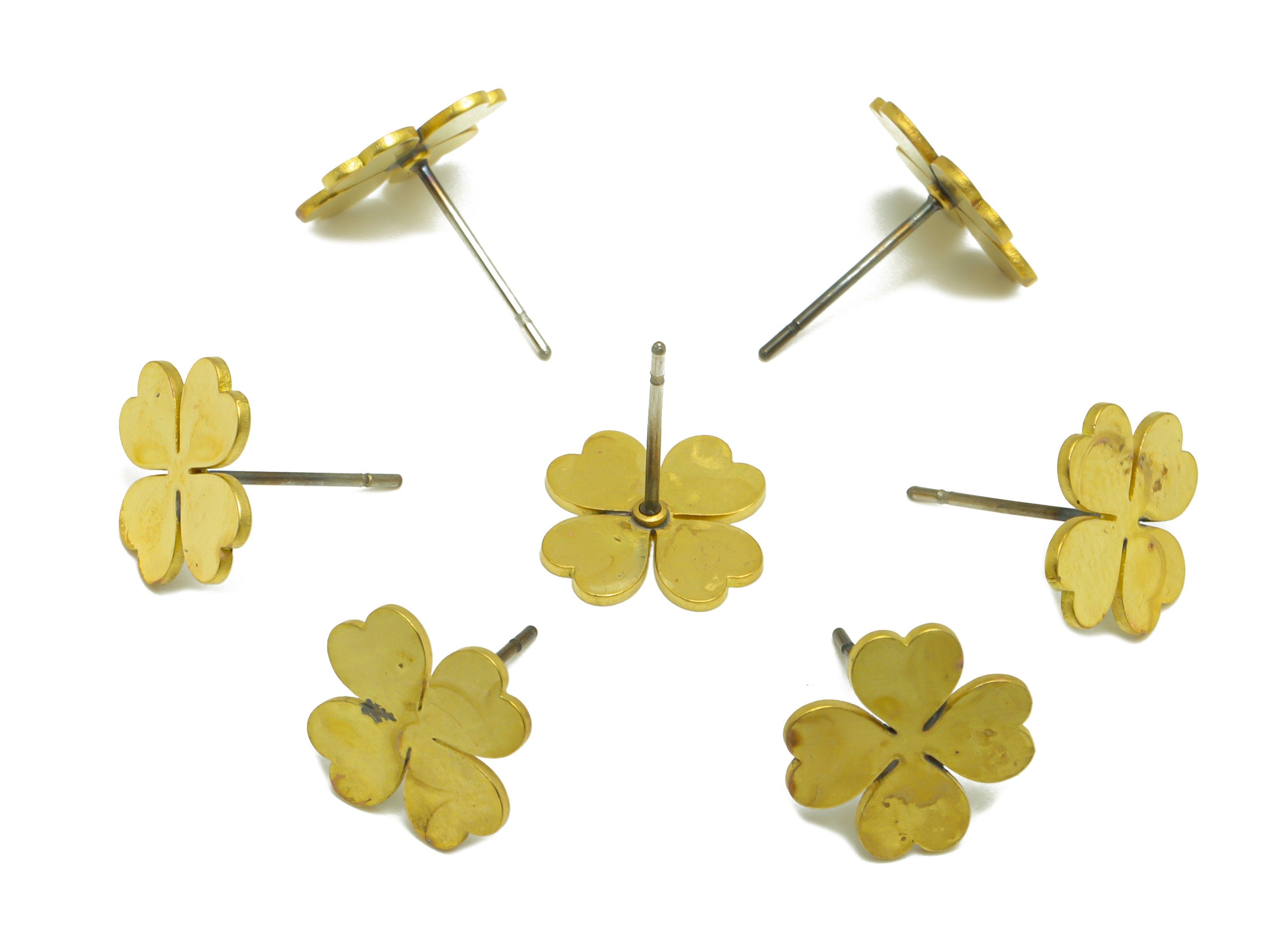Brass Flower Earring Stud - Raw Brass Four Leaf Clover Earring Post - Brass Leaf Clover Earring Post - 13.1x11x0.7mm - PP9795 - DOMEDBAZAAR