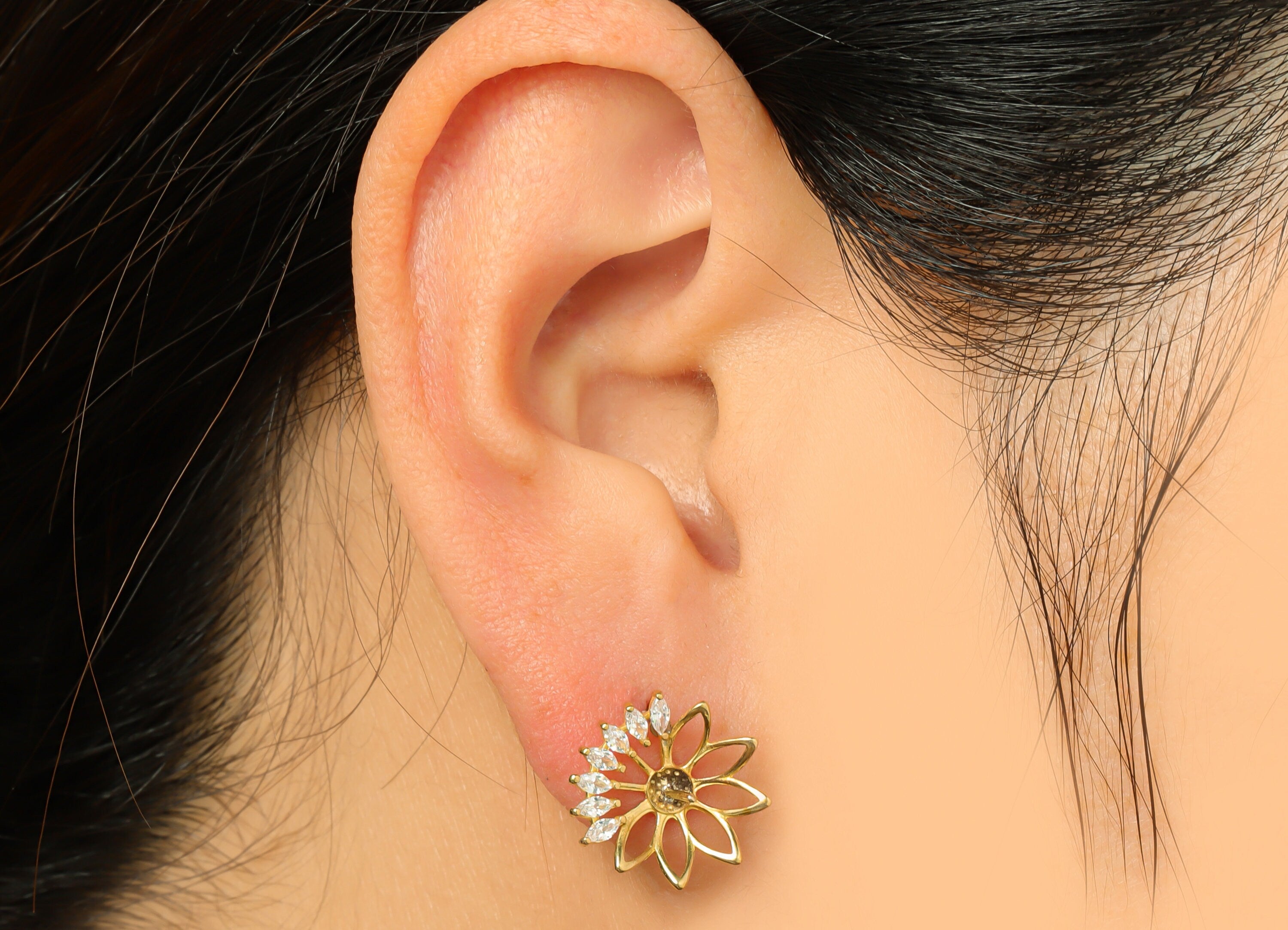 Brass CZ Flower Earring Stud - Raw Brass Cubic Zircon Marquise Lotus Earring - Brass Pearl Setting For Earring Post - 13.7x13.2x3mm - PP9746 - DOMEDBAZAAR