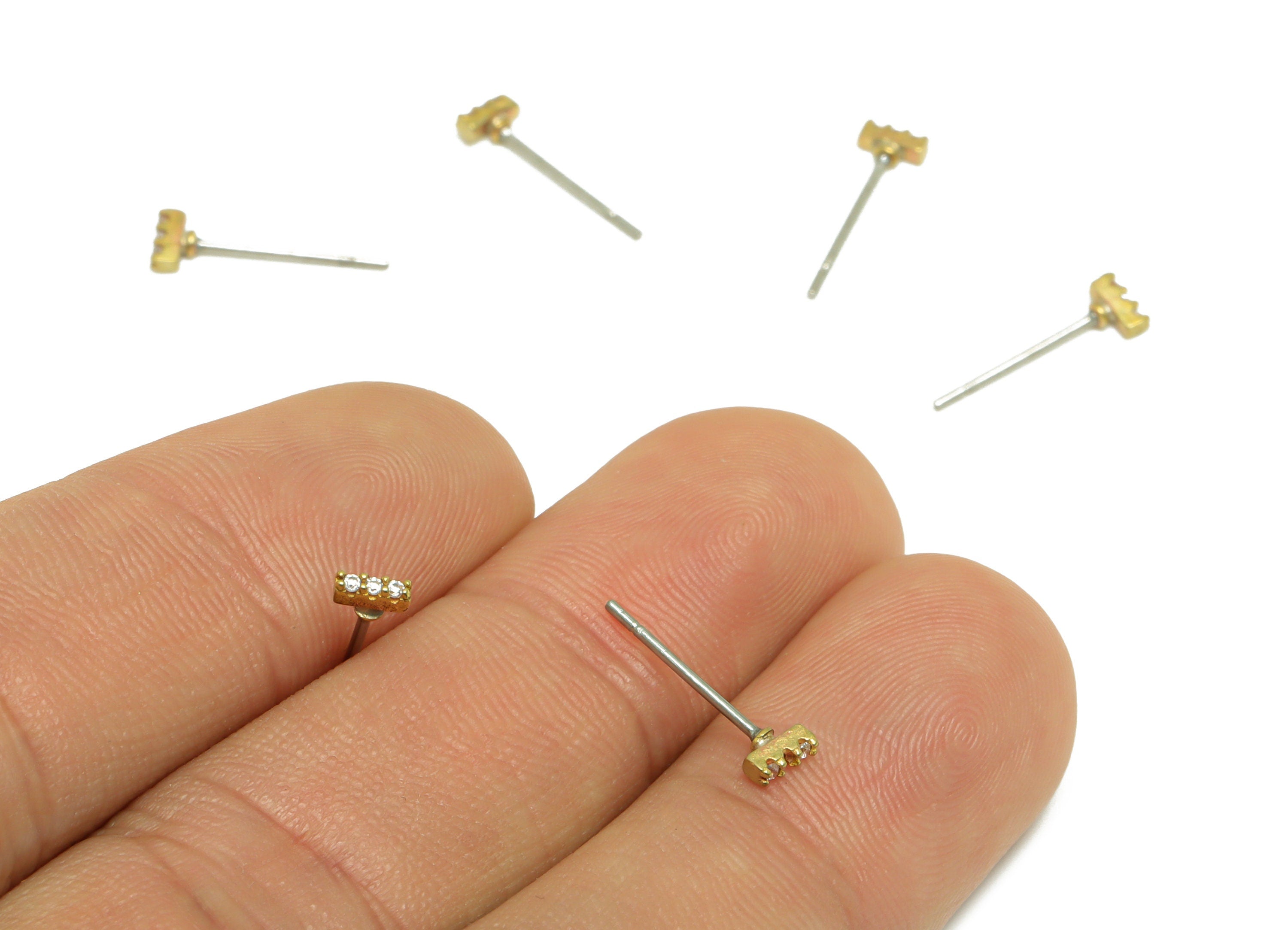 Brass CZ Rectangle Earring Stud - Raw Brass Cubic Zircon Stick Earring - Brass Tiny Mini Minimalist Earring Post - 4x1x1mm - PP9749 - DOMEDBAZAAR