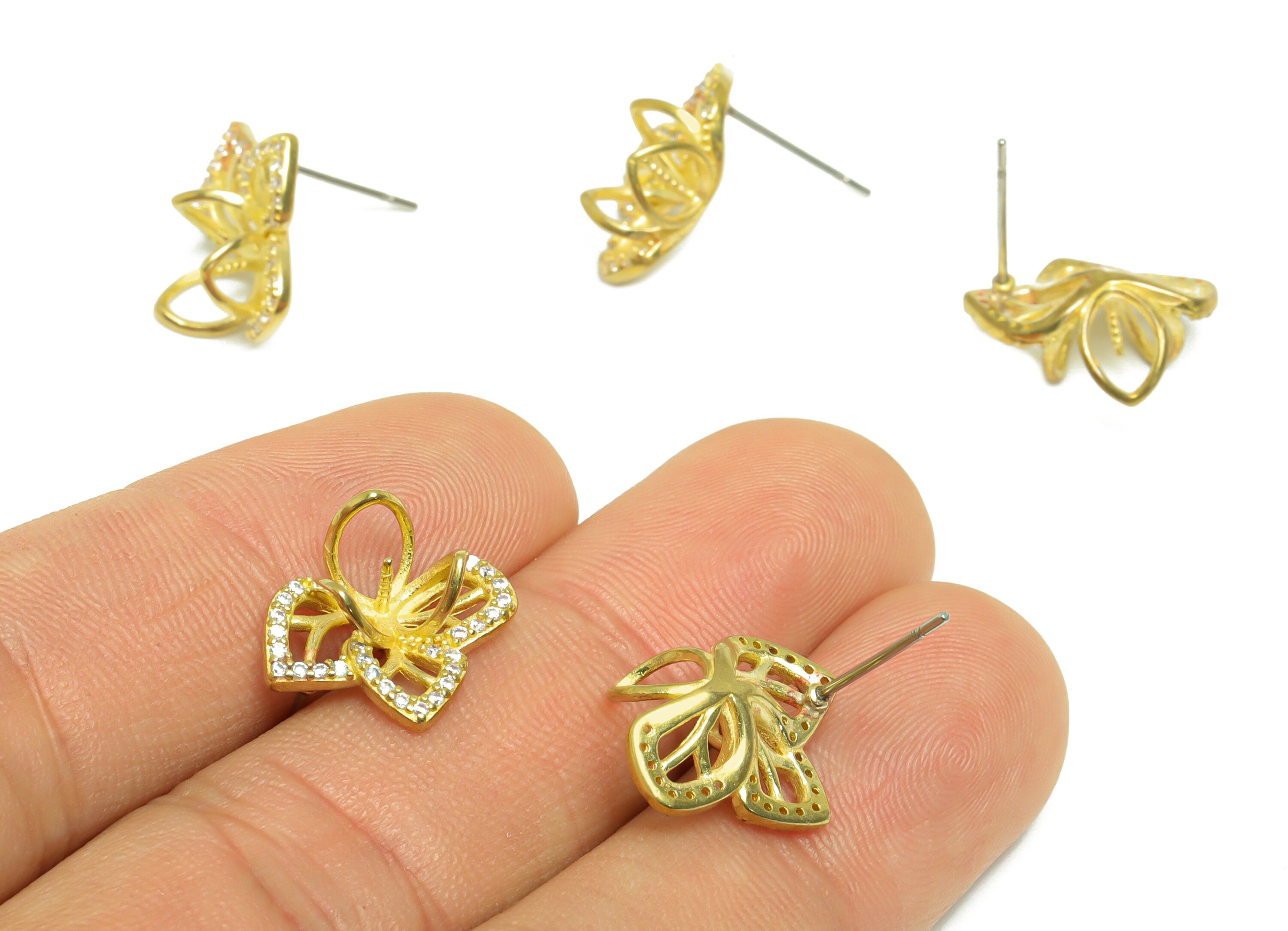 Brass CZ Flower Earring Stud - Raw Brass Cubic Zircon Botanical Earring Post - Brass Pearl Setting For Earring Post - 15.7x16x7.5mm -PP9747 - DOMEDBAZAAR