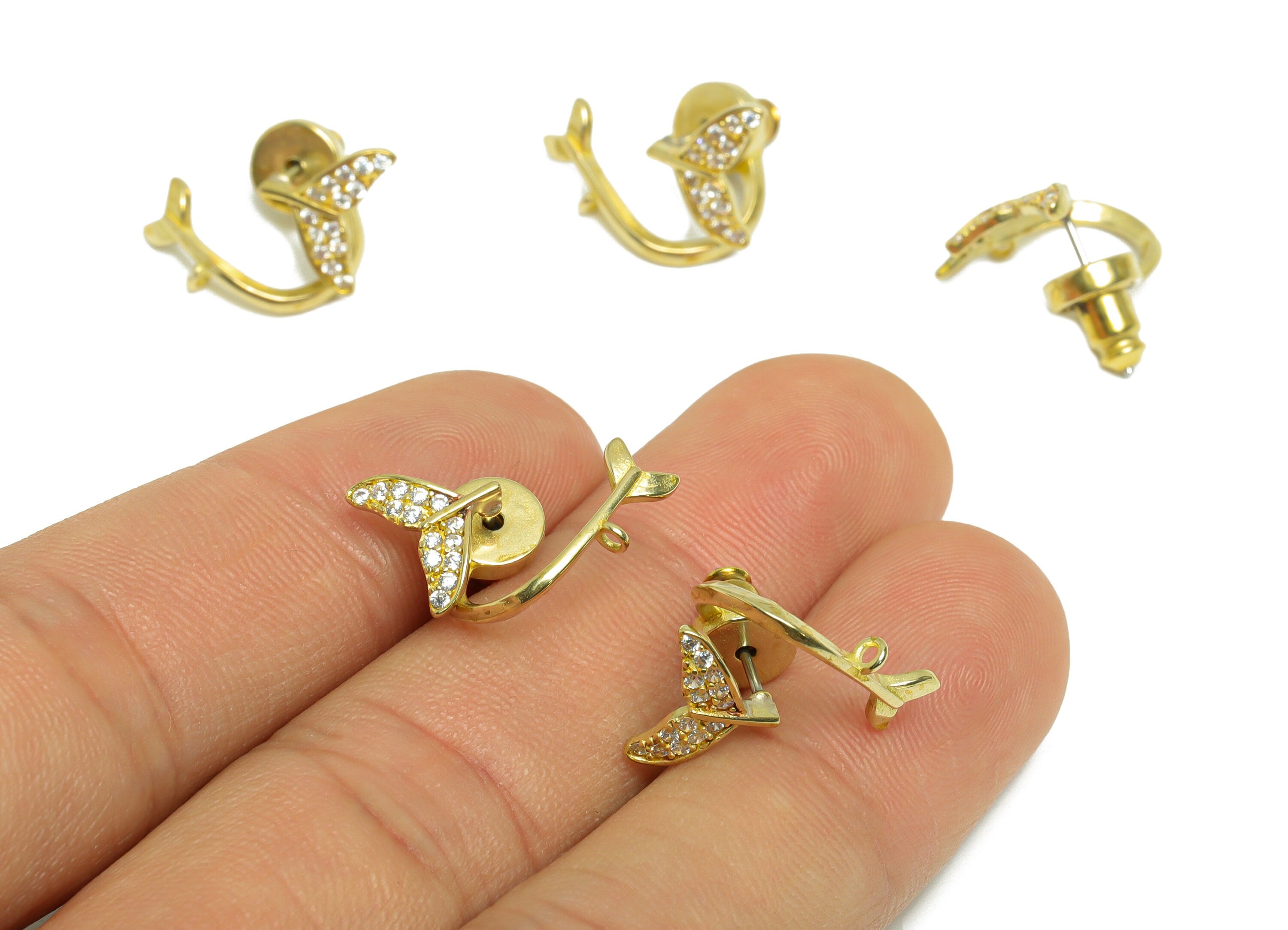 Brass CZ Fish Tail Earring Stud - Raw Brass Cubic Zircon Whale Tail Earring Post - Whale Tail Earring Post With Loop - 13x10x9mm - PP9744 - DOMEDBAZAAR