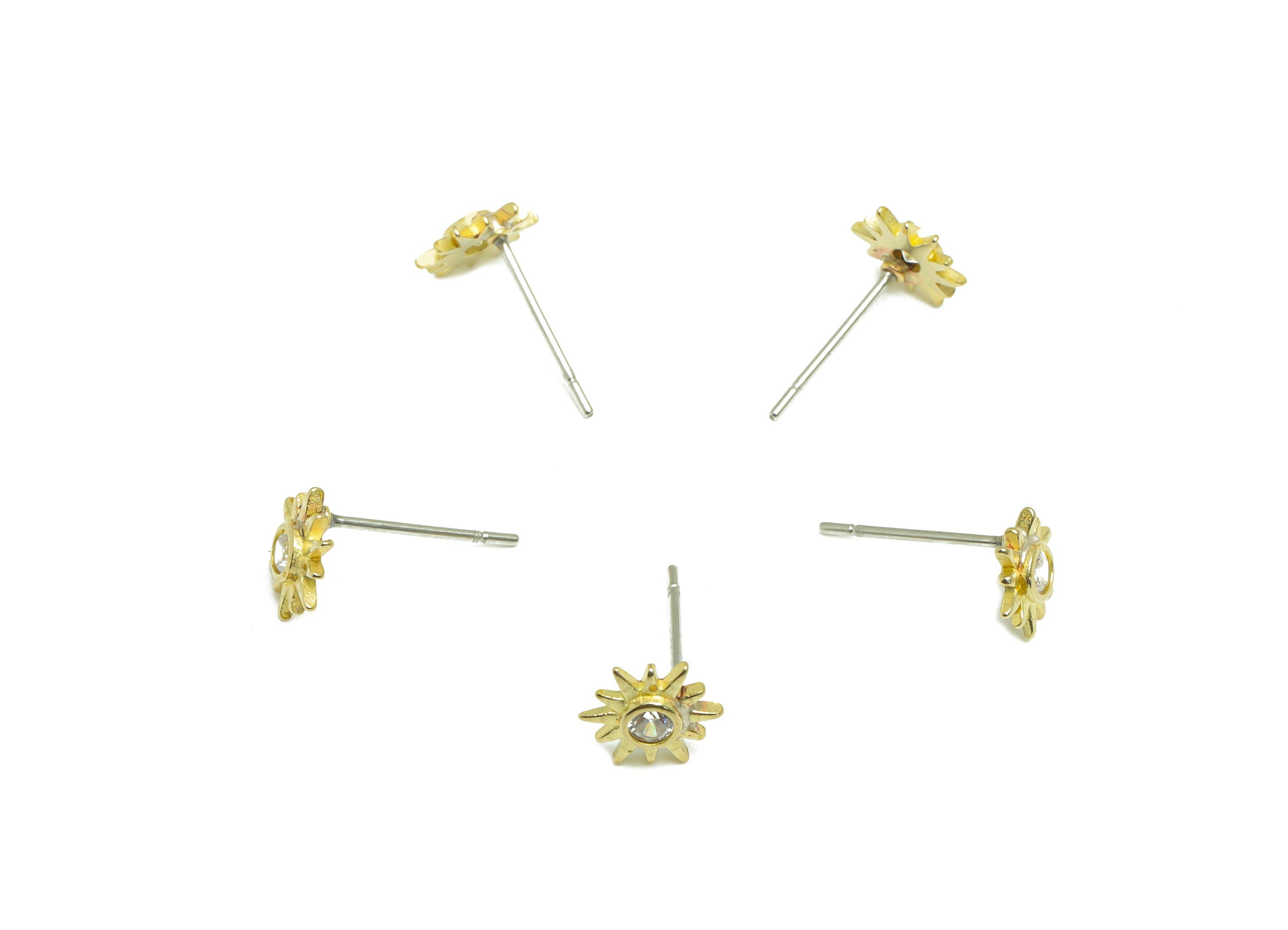 Brass CZ Sun Earring Stud - Raw Brass Cubic Zircon Sunshine Earring Post - Zircon Flower Earring Post - 7.9x6.92x3.6mm - PP9701 - DOMEDBAZAAR