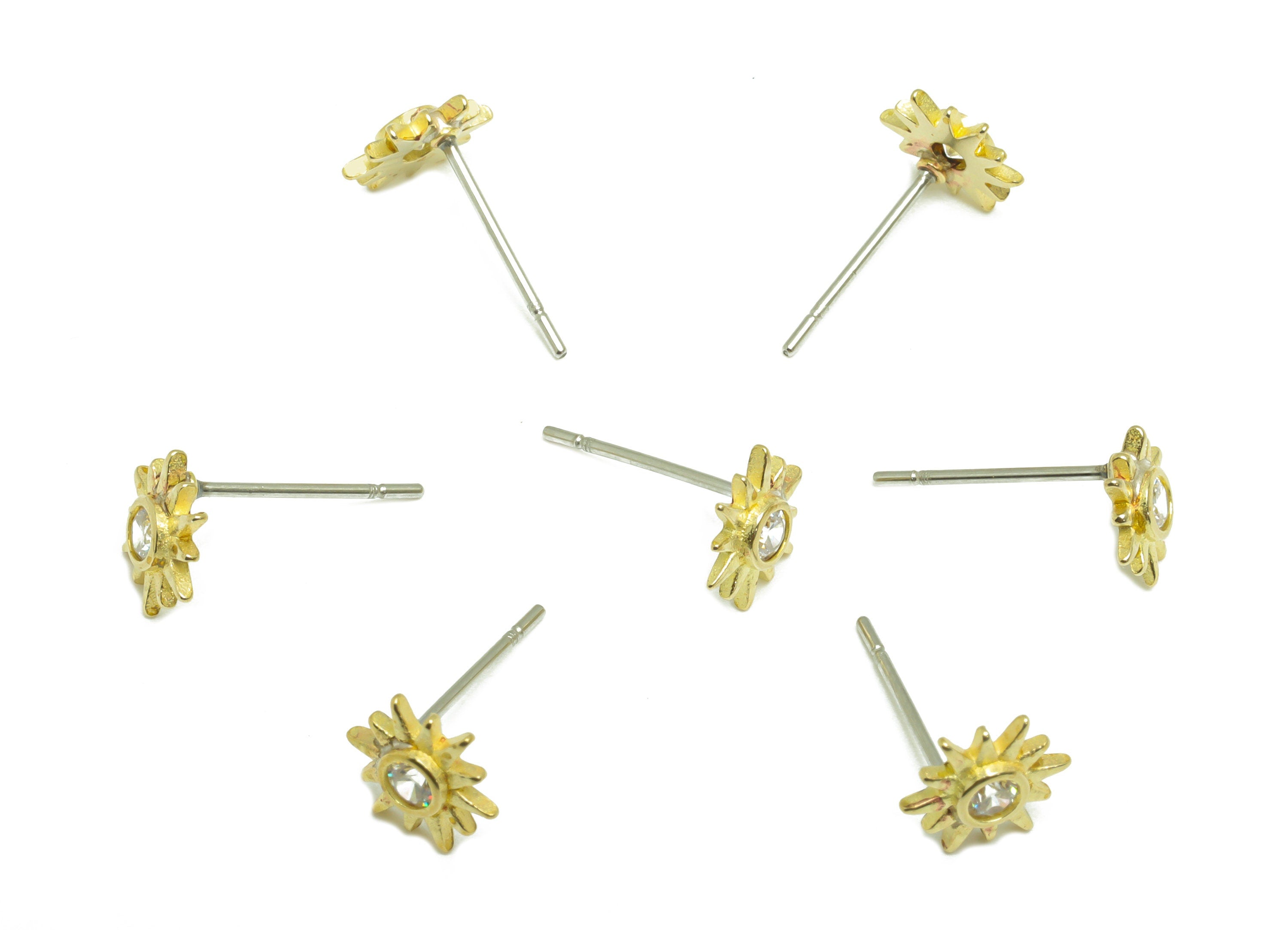 Brass CZ Sun Earring Stud - Raw Brass Cubic Zircon Sunshine Earring Post - Zircon Flower Earring Post - 7.9x6.92x3.6mm - PP9701 - DOMEDBAZAAR