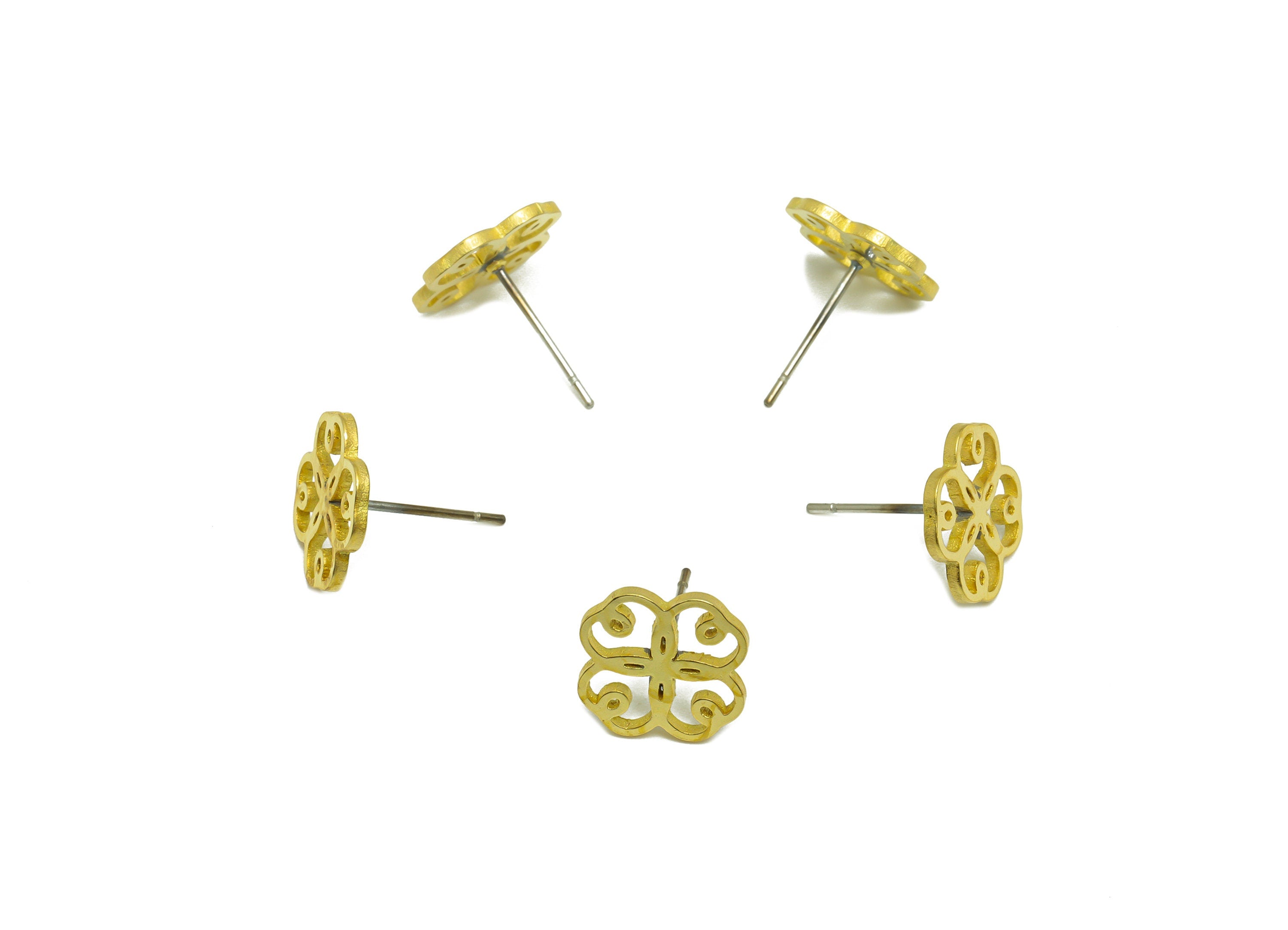 Brass Flower Earring Stud - Raw Brass Four Leaf Clover Earring Post - Brass Window Grilles Earring Post - 13.7x11x1.56mm - PP9793 - DOMEDBAZAAR