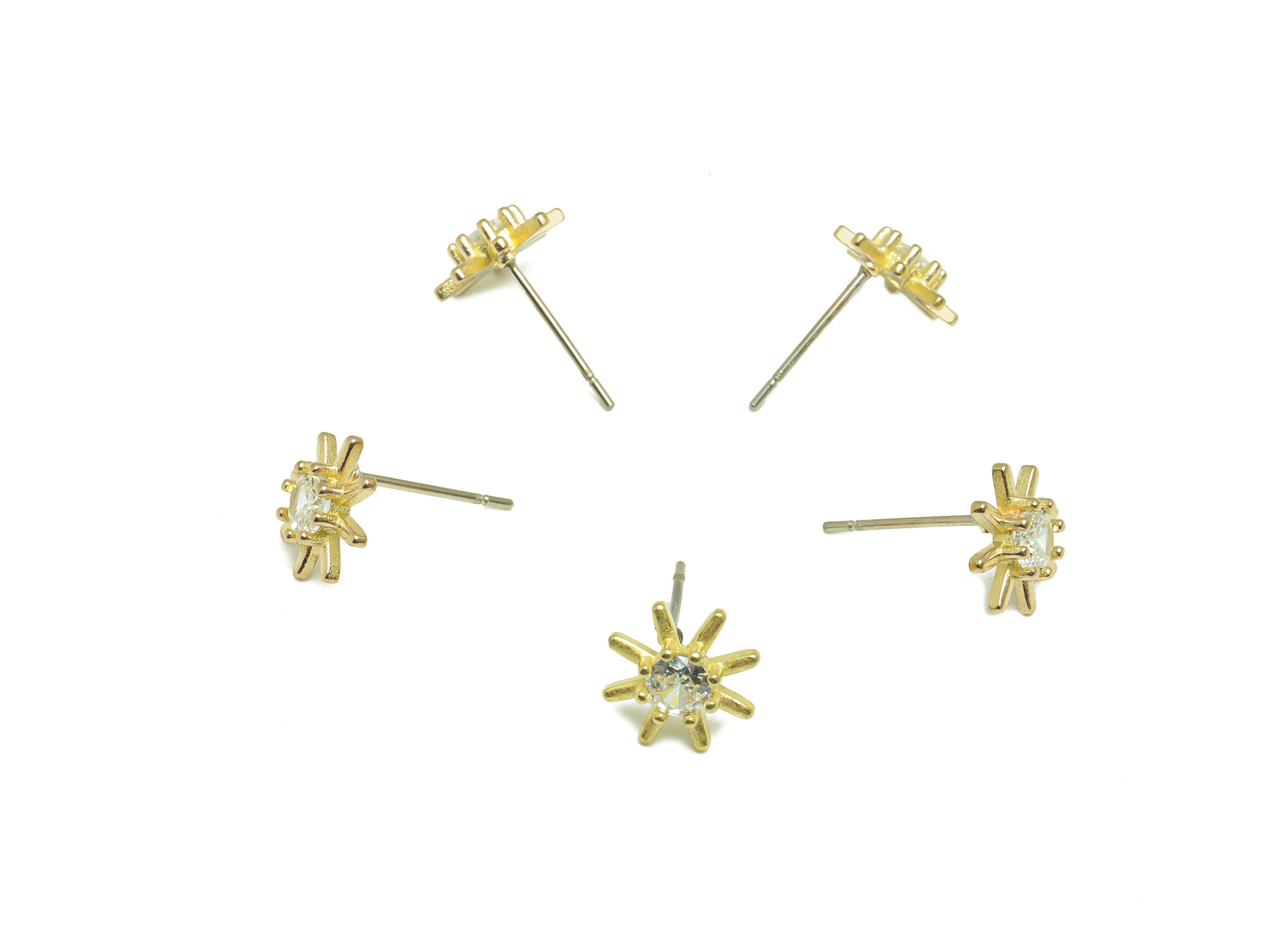 Brass CZ Sun Earring Stud - Raw Brass Cubic Zircon Sunshine Earring Post - Zircon Flower Earring Post - 14.3x9.7x3.1mm - PP9787 - DOMEDBAZAAR