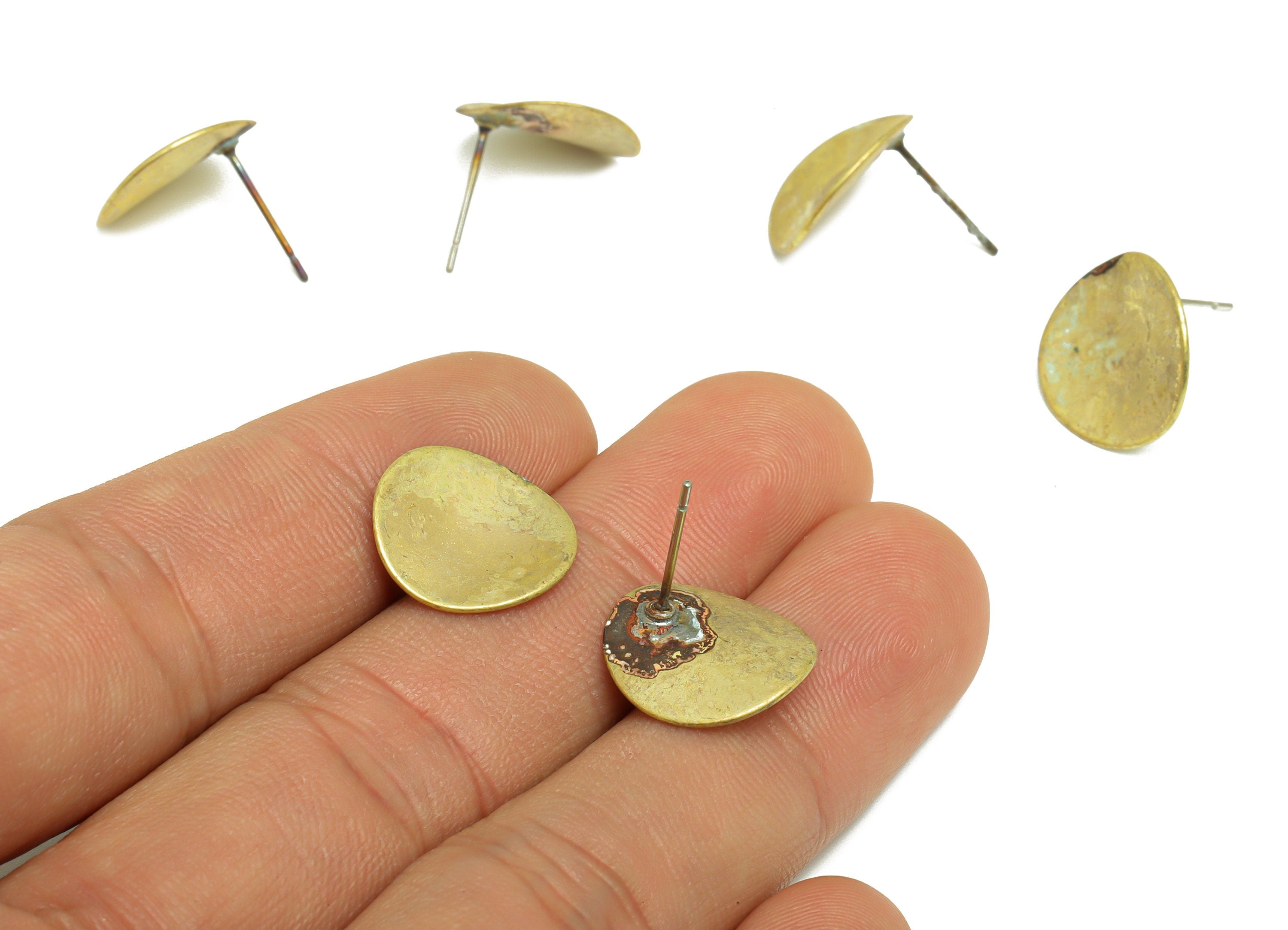 Brass Bent Round Earring Stud - Raw Brass Circle Earring Post - Brass Geometry Bent Earring Post - 15x14.7x1.1mm - PP9797 - DOMEDBAZAAR