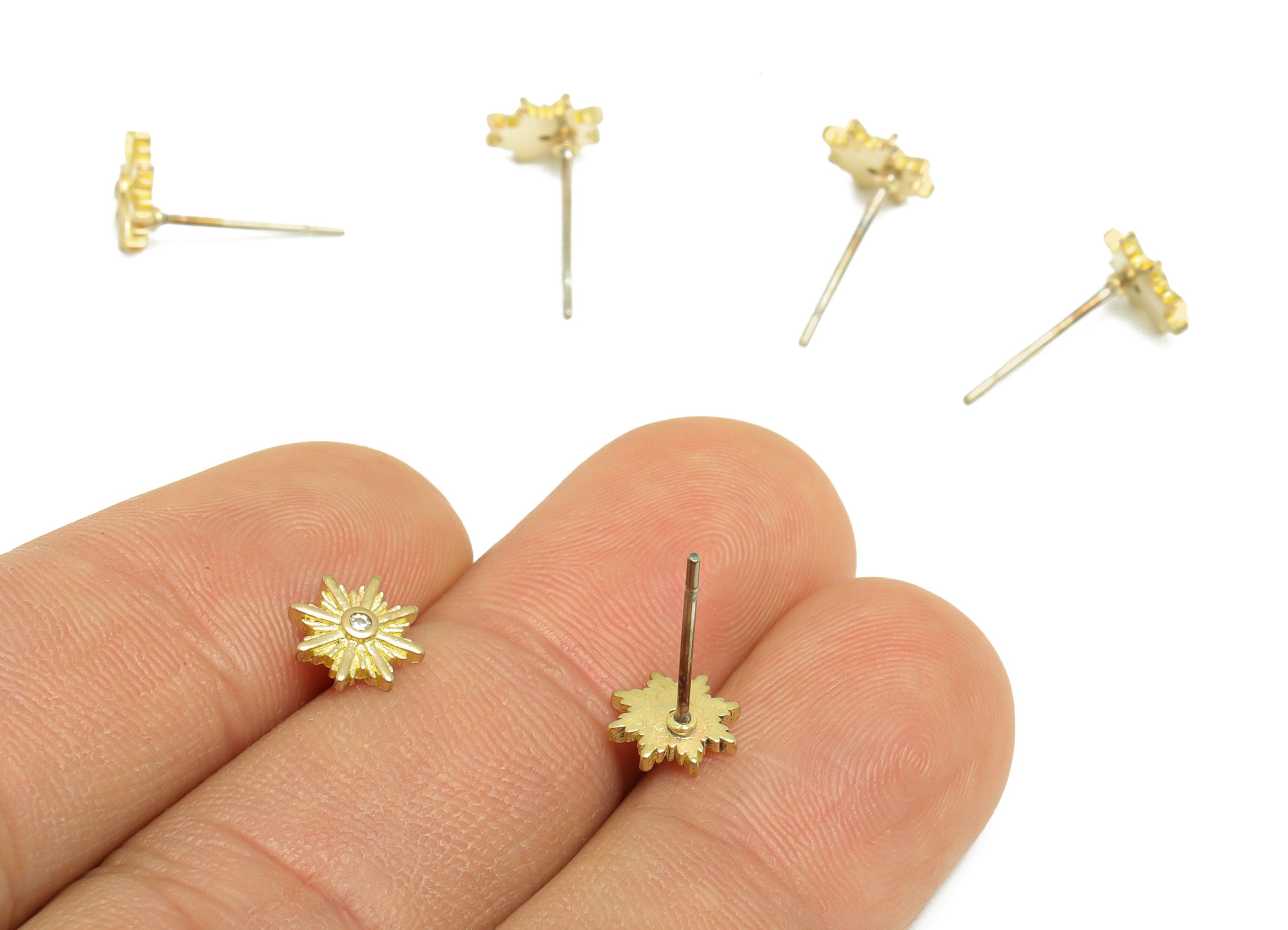 Brass CZ Flower Earring Stud - Raw Brass Cubic Zircon Botanical Earring Post - Zircon Flower Earring Post - 14.3x7.62x2.7mm - PP9783 - DOMEDBAZAAR