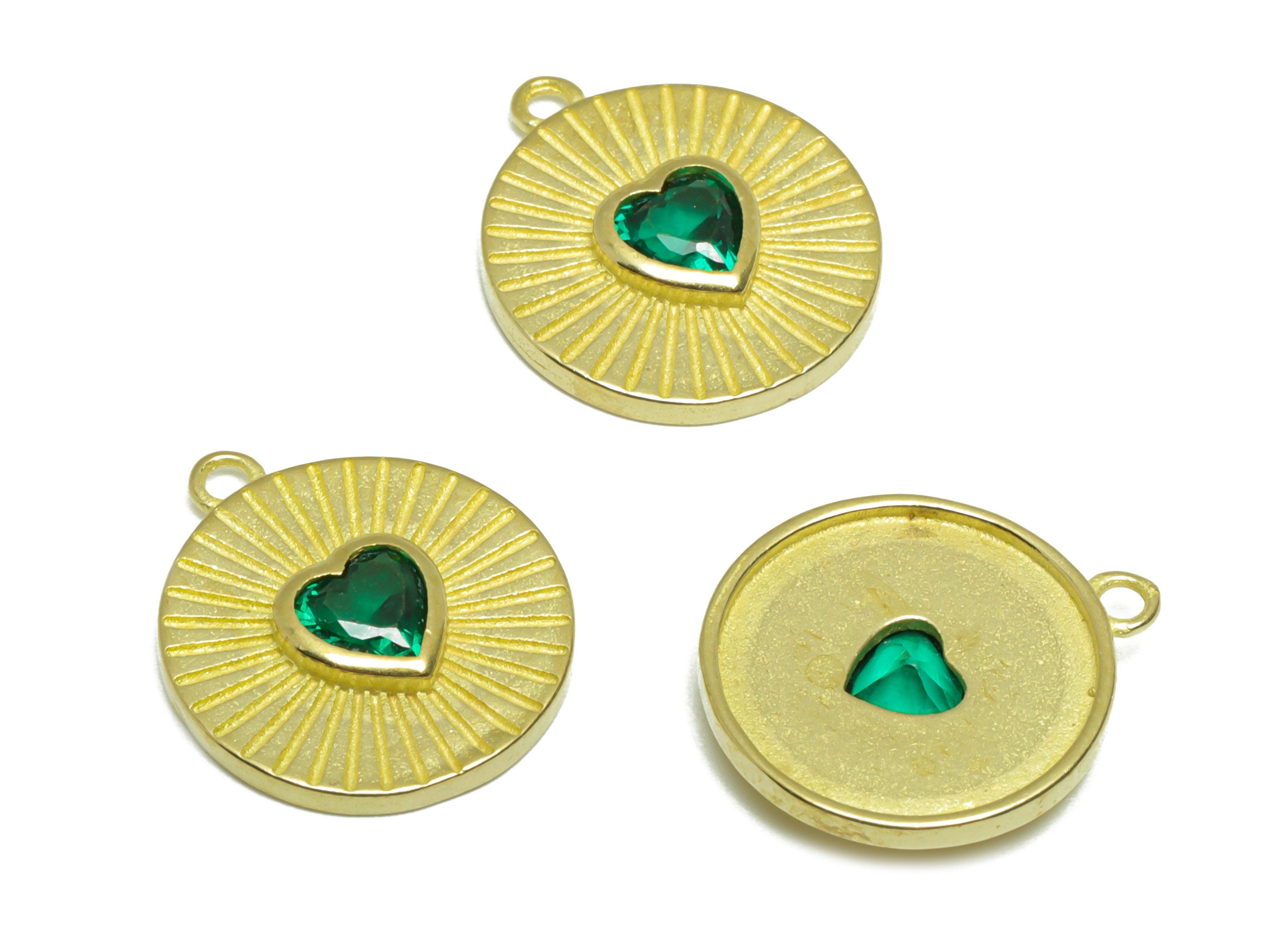 Brass CZ Round Earring Charm - Brass Textured Heart Earring Pendant - Raw Brass Green Heart Cubic Zircon Earring Charm - 17x14x3mm - PP9779 - DOMEDBAZAAR