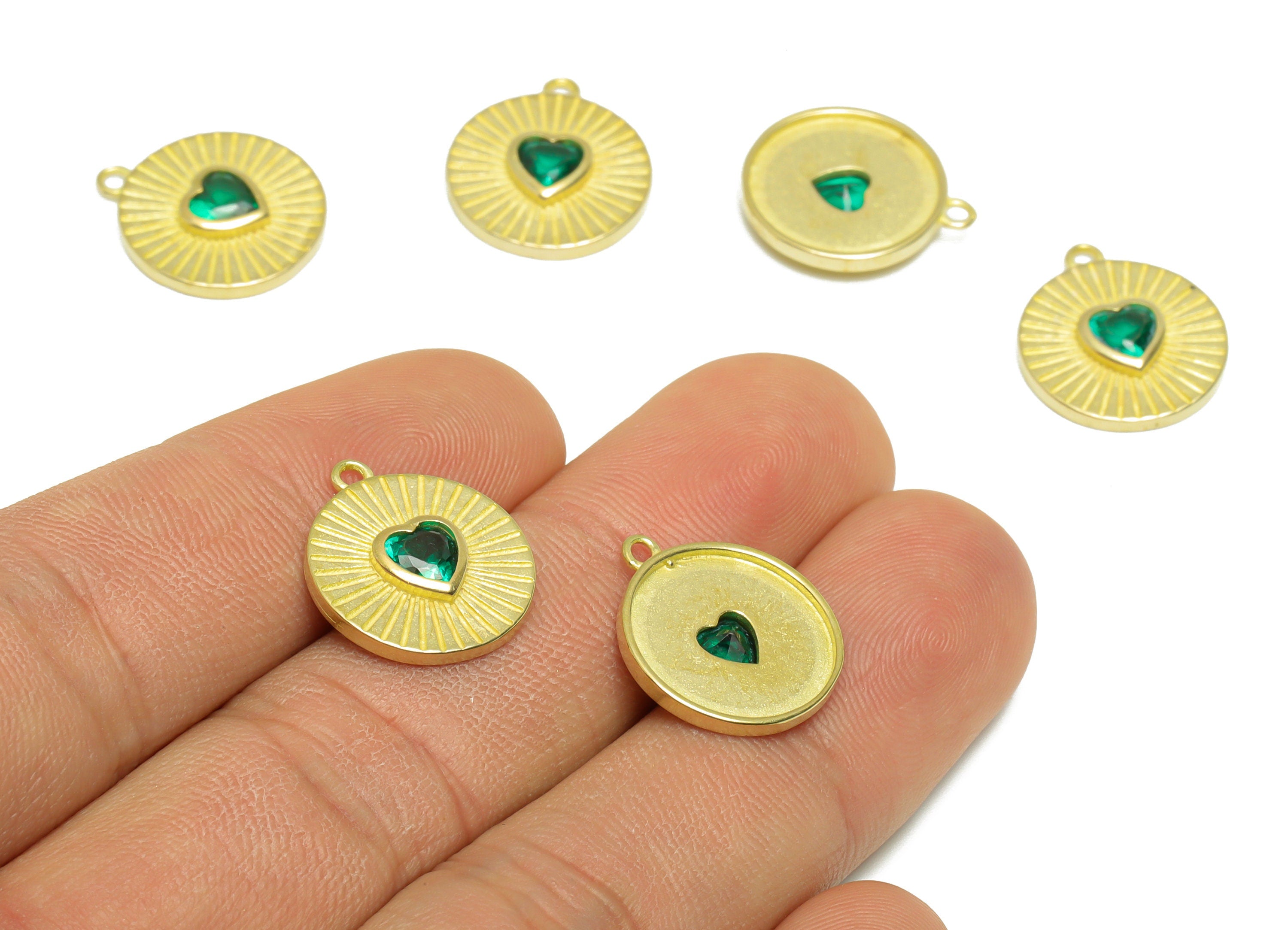 Brass CZ Round Earring Charm - Brass Textured Heart Earring Pendant - Raw Brass Green Heart Cubic Zircon Earring Charm - 17x14x3mm - PP9779 - DOMEDBAZAAR