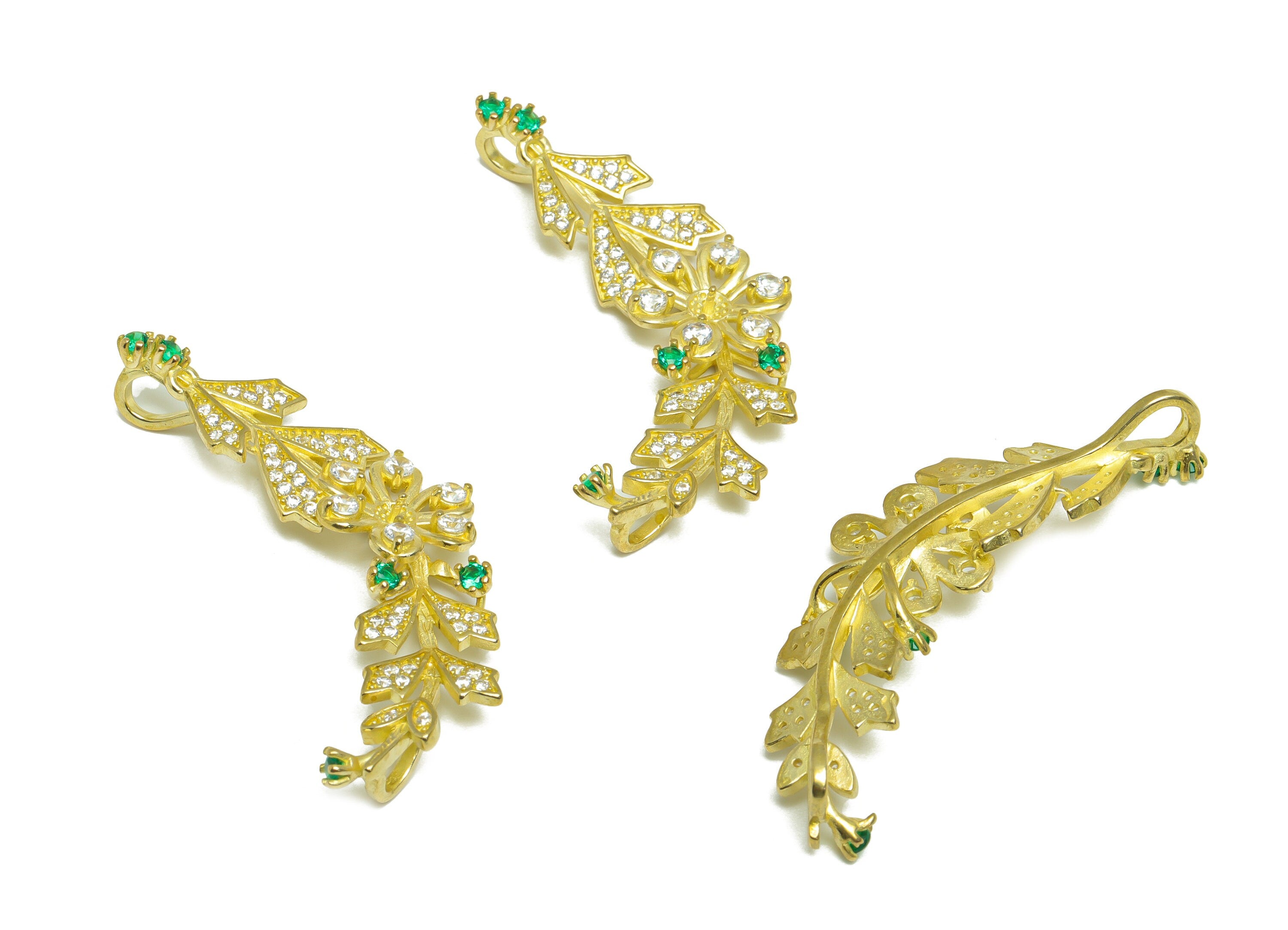 Brass CZ Flower Leaf Charm - Raw Brass Vintage Antique Branch Cubic Zircon Pendant - Brass Setting Bead For Necklace - 44.8x20x8mm - PP9776 - DOMEDBAZAAR