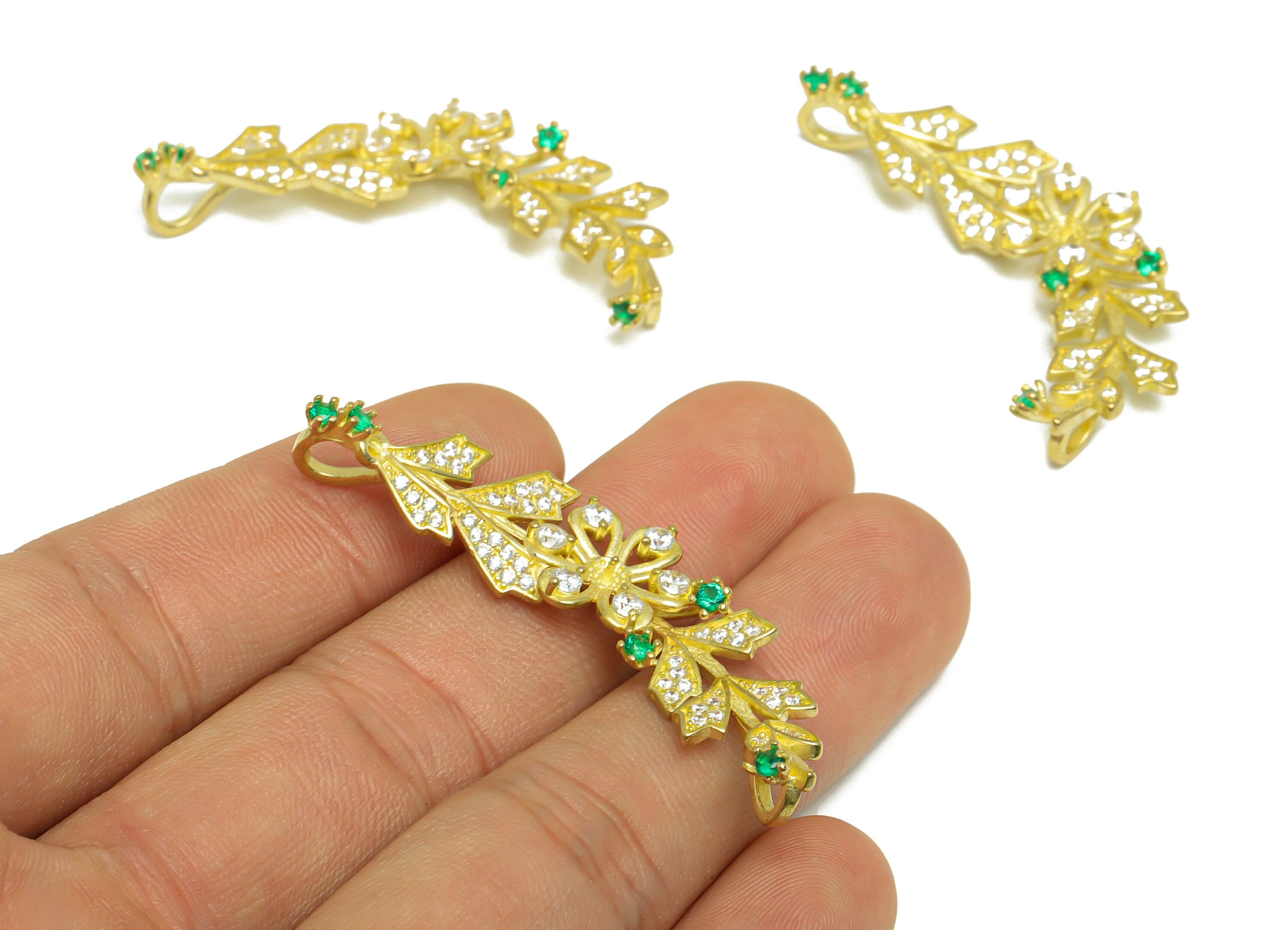 Brass CZ Flower Leaf Charm - Raw Brass Vintage Antique Branch Cubic Zircon Pendant - Brass Setting Bead For Necklace - 44.8x20x8mm - PP9776 - DOMEDBAZAAR