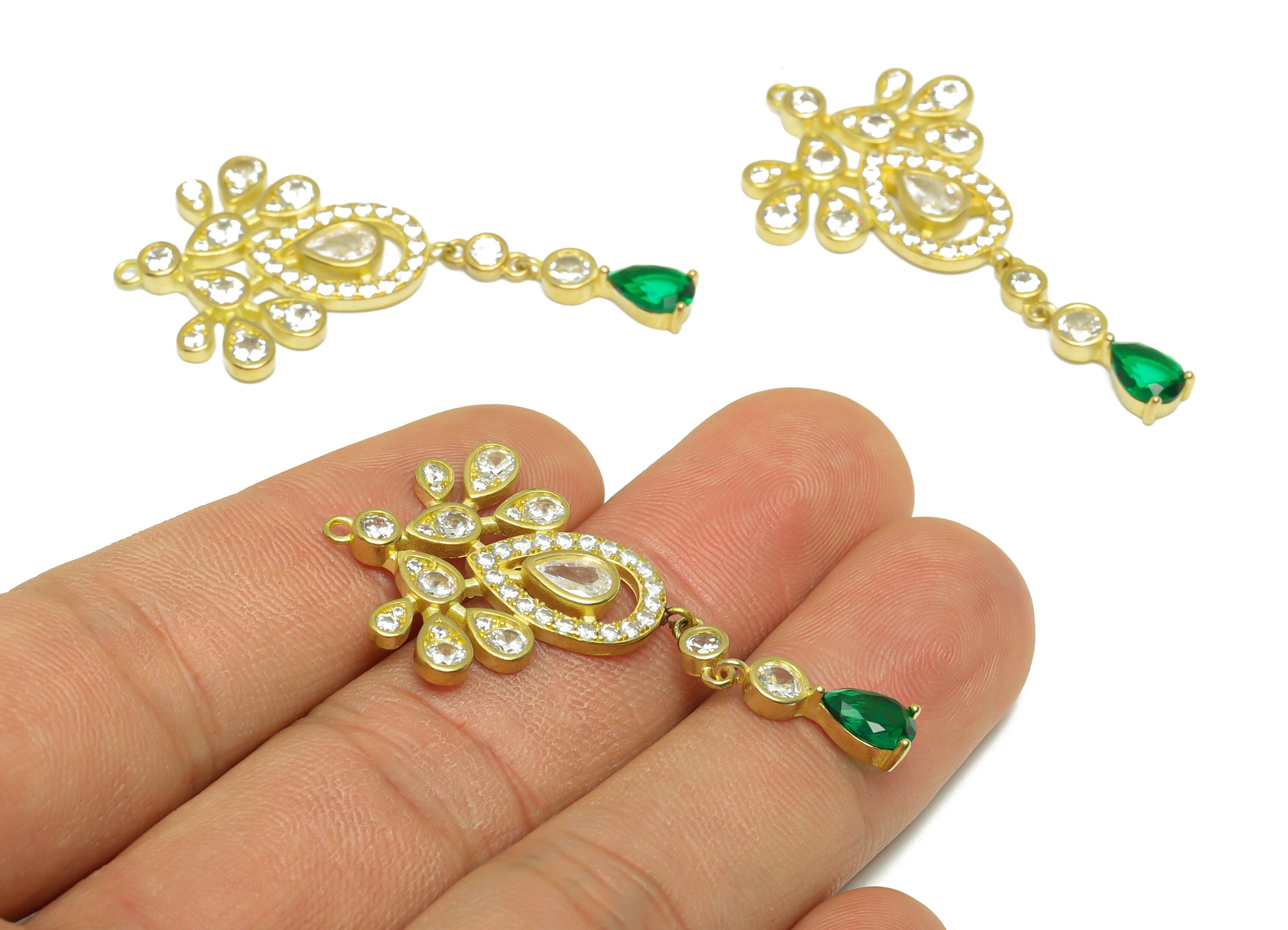 Brass CZ Teardrop Earring Charm - Brass Drop Vintage Antique Earring Pendant - Raw Brass Green Zircon Earring Charm - 46x23x2.72mm - PP9777 - DOMEDBAZAAR