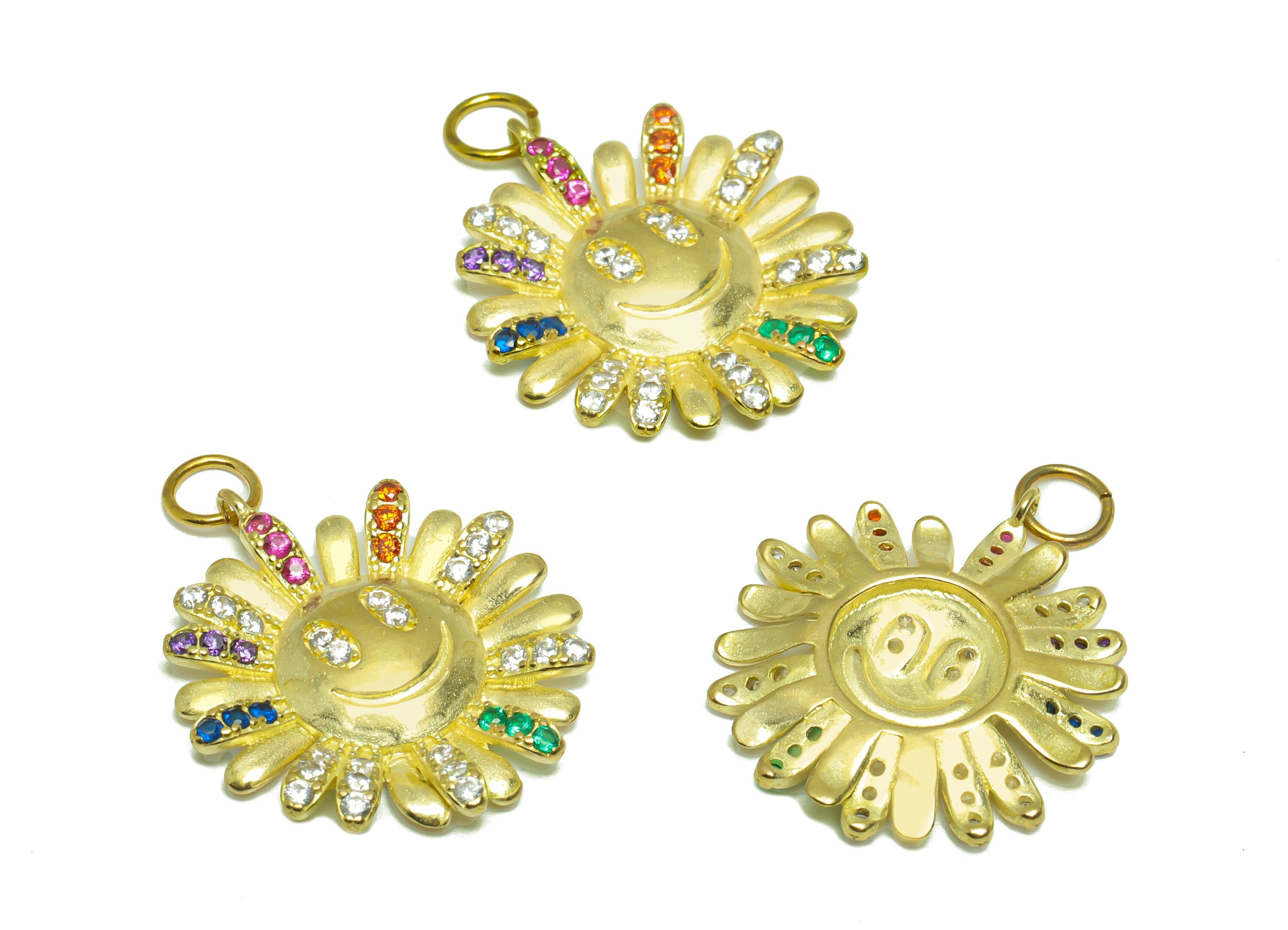 Brass Sunflower Earring Pendant - Raw Brass Zircon Earring Happy Face Earring Pendant - Brass Rainbow CZ Earring Charm - 25x20x2mm - PP9709 - DOMEDBAZAAR