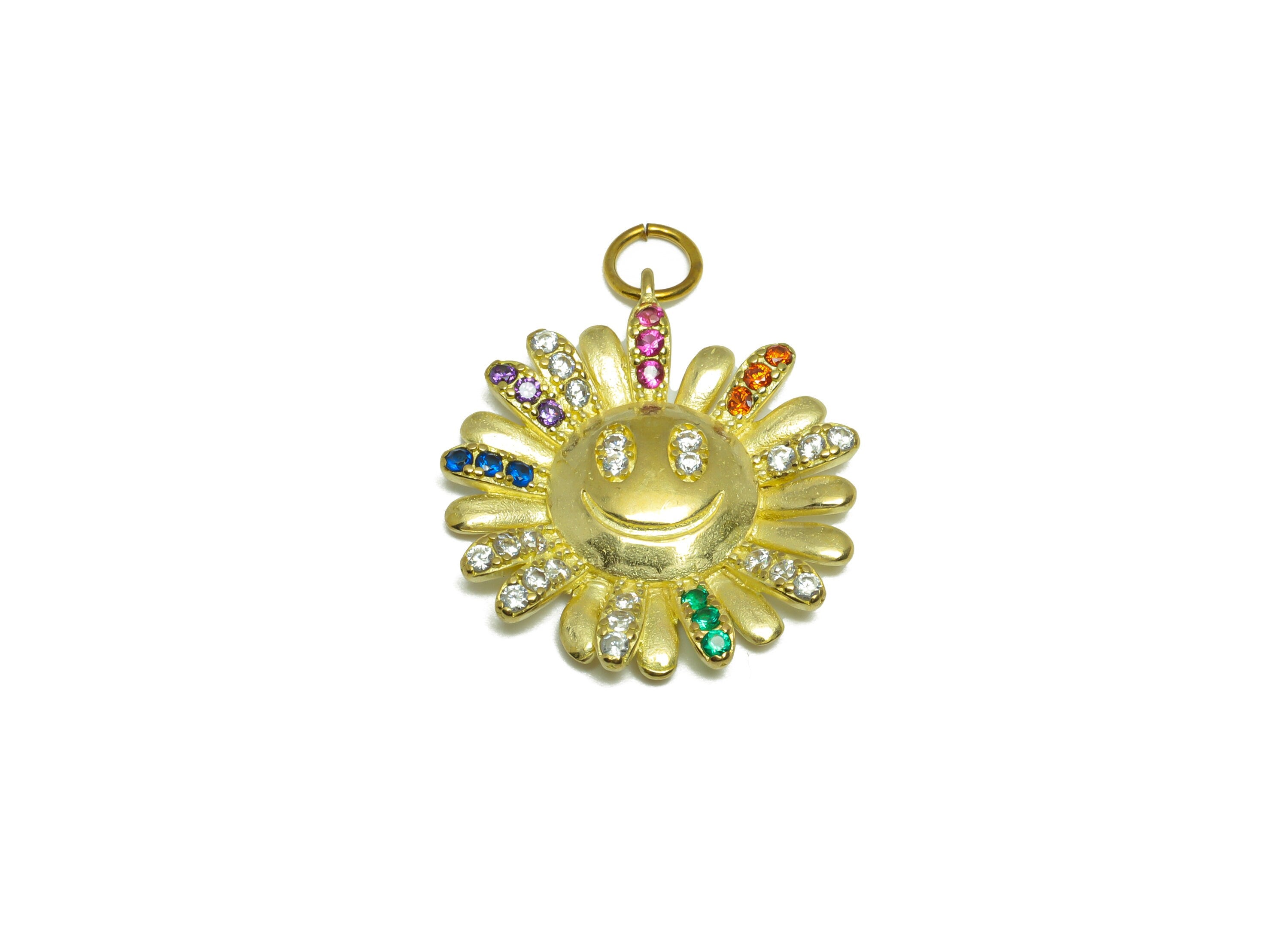 Brass Sunflower Earring Pendant - Raw Brass Zircon Earring Happy Face Earring Pendant - Brass Rainbow CZ Earring Charm - 25x20x2mm - PP9709 - DOMEDBAZAAR