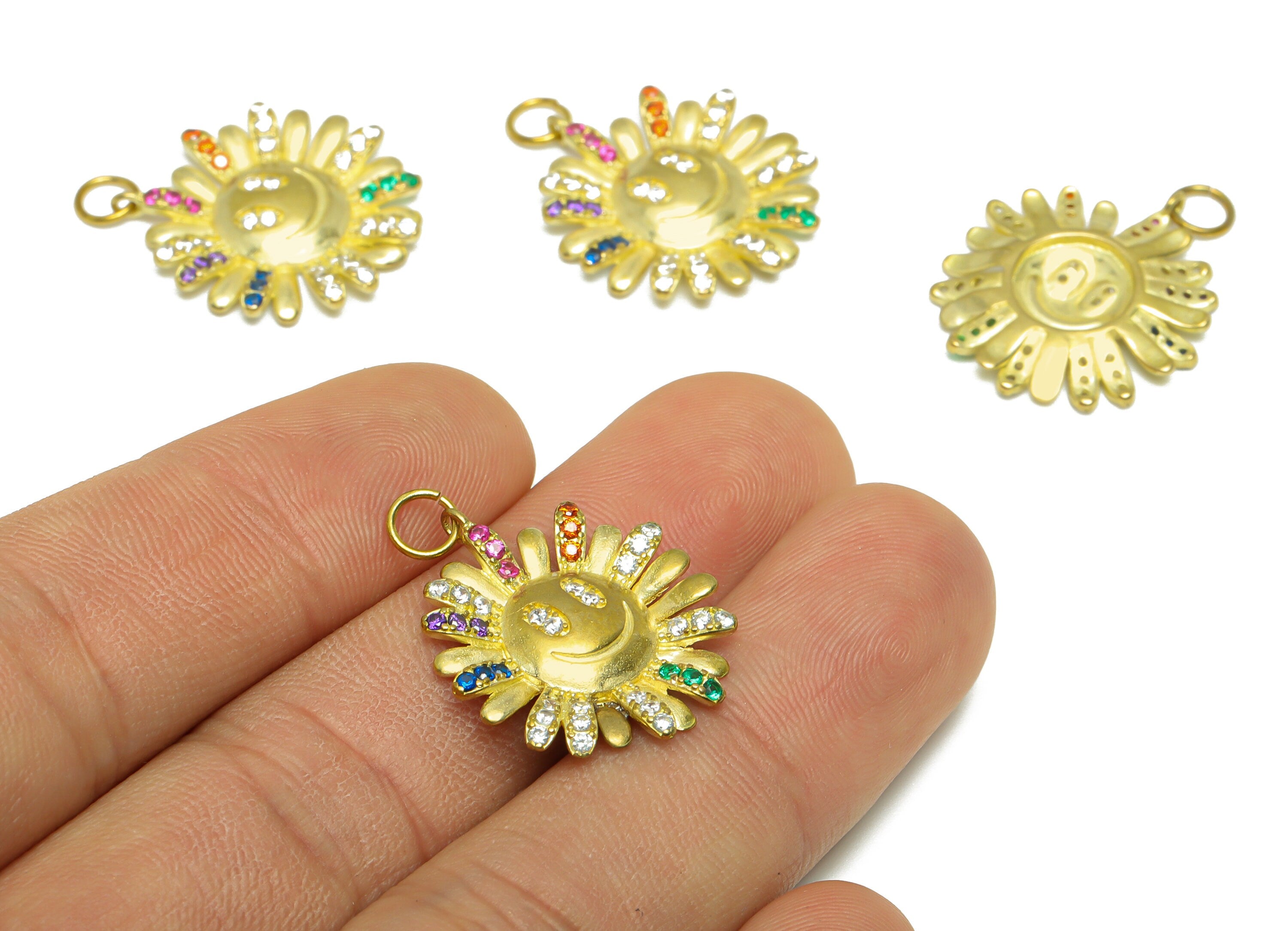 Brass Sunflower Earring Pendant - Raw Brass Zircon Earring Happy Face Earring Pendant - Brass Rainbow CZ Earring Charm - 25x20x2mm - PP9709 - DOMEDBAZAAR