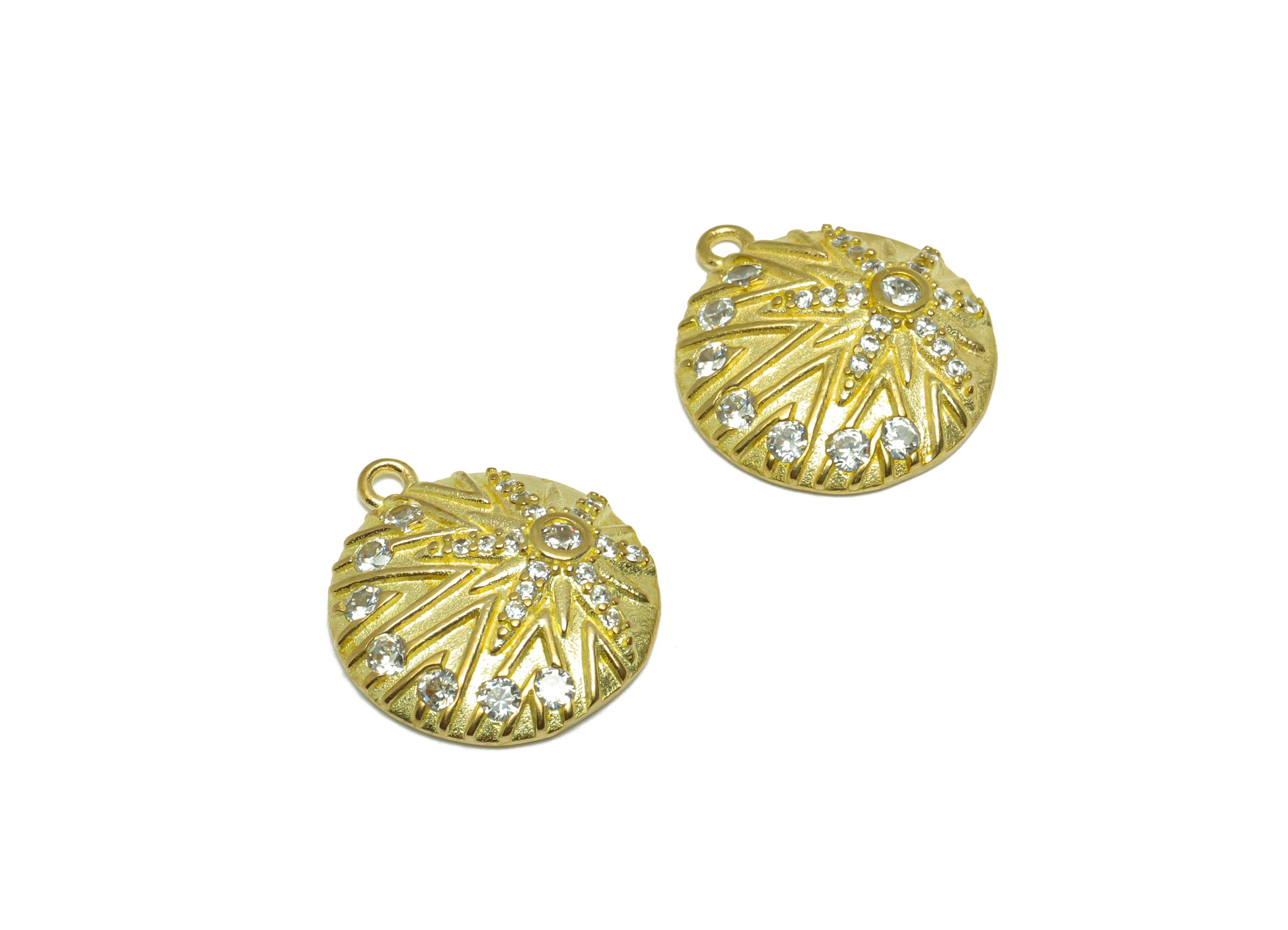 Brass CZ Round Earring Pendant - Brass Textured Sun Earring Pendant - Raw Brass Sunshine Cubic Zircon Earring Charm - 17.05x15x3mm - PP9768 - DOMEDBAZAAR