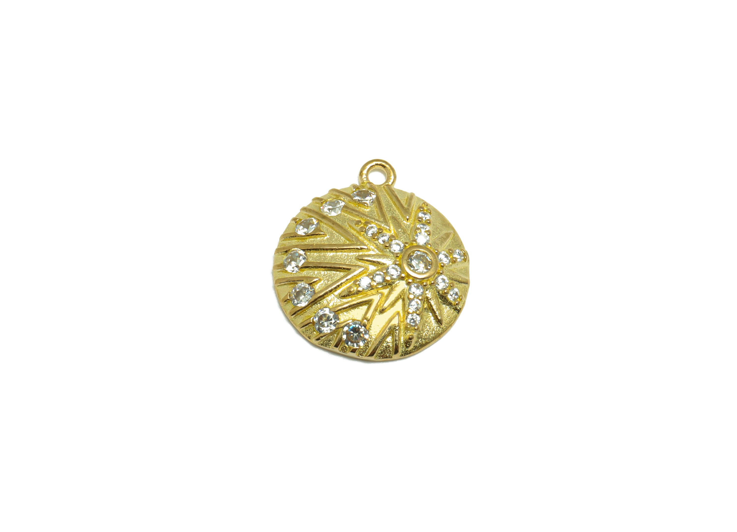 Brass CZ Round Earring Pendant - Brass Textured Sun Earring Pendant - Raw Brass Sunshine Cubic Zircon Earring Charm - 17.05x15x3mm - PP9768 - DOMEDBAZAAR