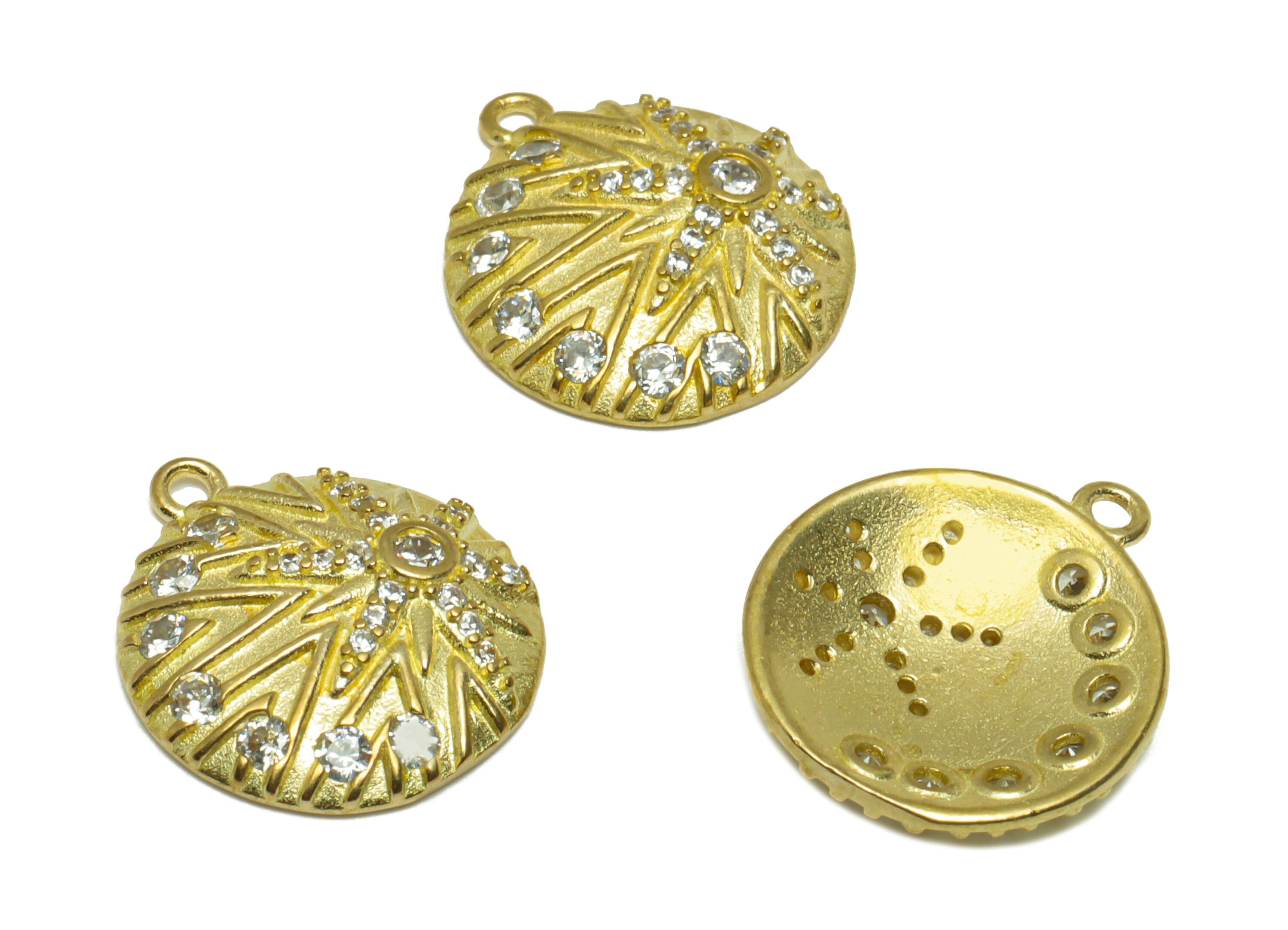 Brass CZ Round Earring Pendant - Brass Textured Sun Earring Pendant - Raw Brass Sunshine Cubic Zircon Earring Charm - 17.05x15x3mm - PP9768 - DOMEDBAZAAR