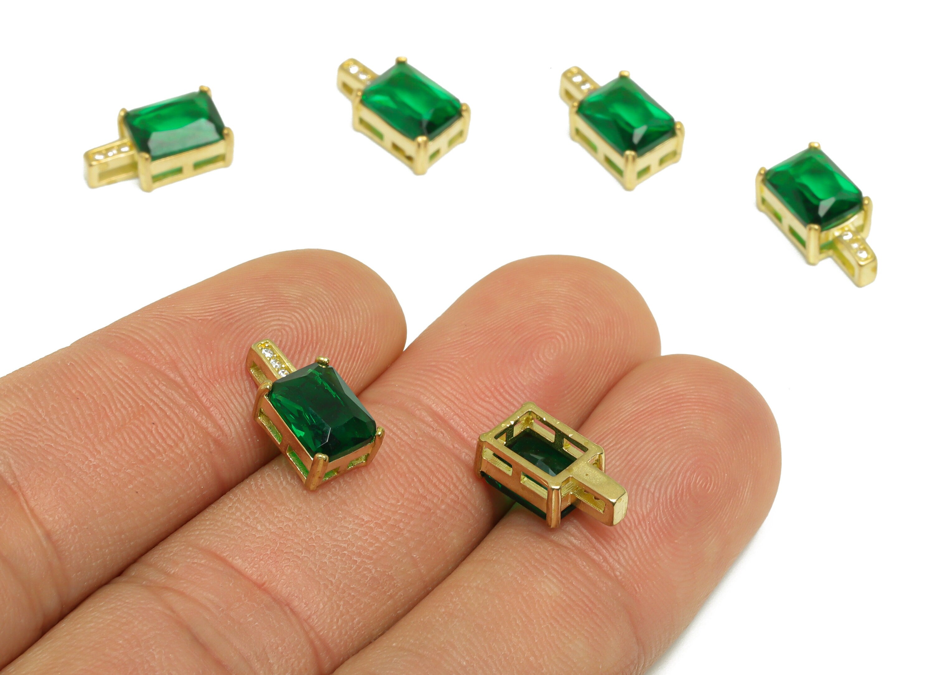 Brass CZ Rectangle Earring Charm - Brass Green Rectangle Earring Pendant - Brass Cubic Zircon Earring Charm - 13x6.8x5.8mm - PP9773 - DOMEDBAZAAR