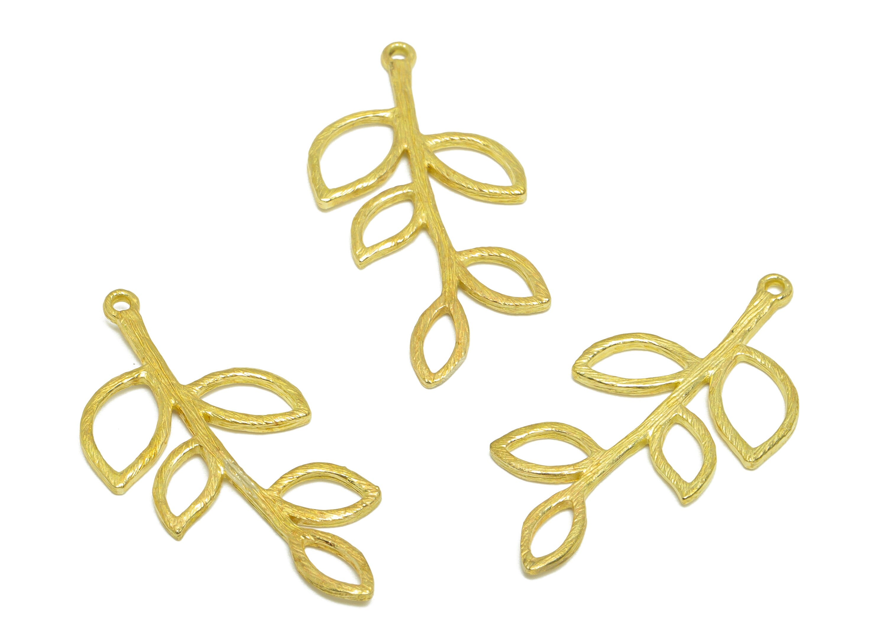 Brass Leaf Earring Charm - Brass Leaf Branch Earring Pendant - Raw Brass Botanical Earring Charm - 35.7x17.7x1.53mm - PP9702 - DOMEDBAZAAR