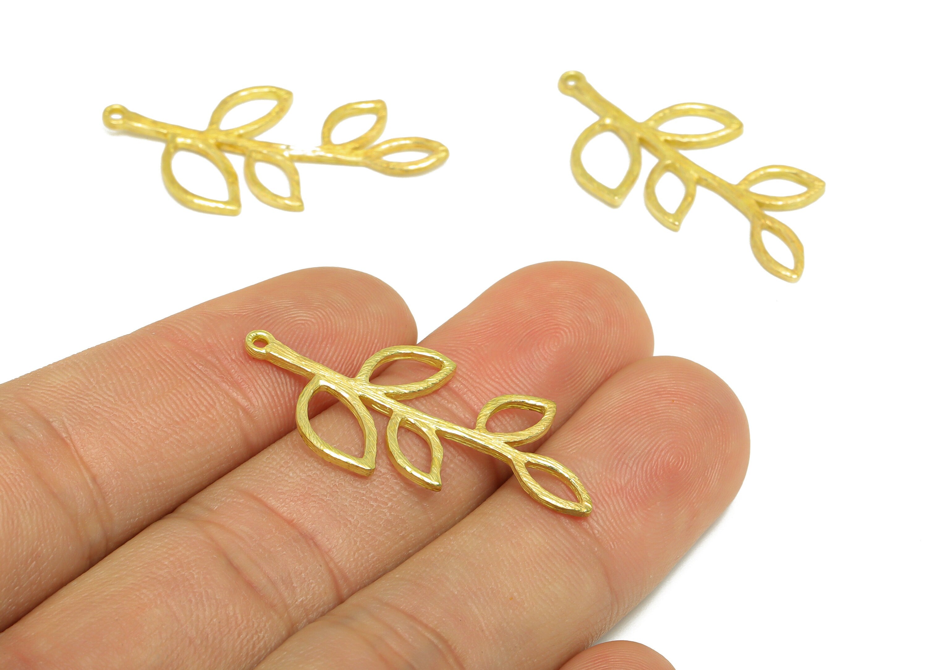 Brass Leaf Earring Charm - Brass Leaf Branch Earring Pendant - Raw Brass Botanical Earring Charm - 35.7x17.7x1.53mm - PP9702 - DOMEDBAZAAR