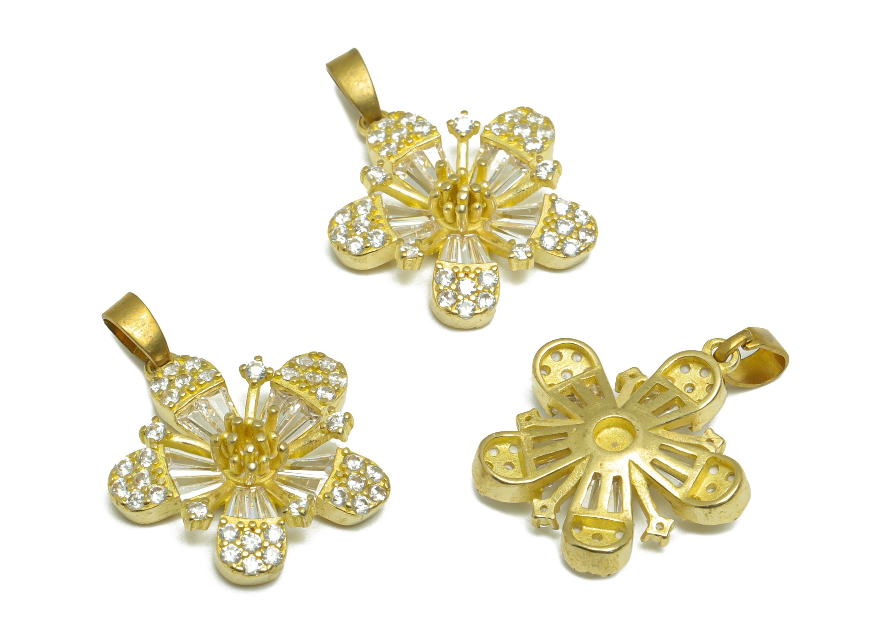 Brass CZ Flower Earring Pendant - Brass Daisy Earring Pendant - Raw Brass Flower Cubic Zircon Earring Charm - For Necklace -23x18x5mm-PP9722 - DOMEDBAZAAR