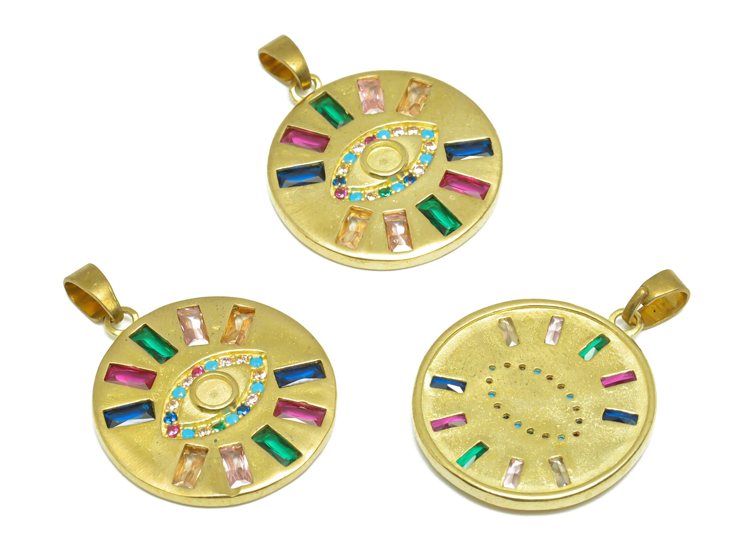 Brass Zircon Round Earring Pendant - Brass Eye Earring Pendant - Raw Brass CZ Rainbow Earring Charm - For Necklace - 25x19x2.53mm -PP9720 - DOMEDBAZAAR