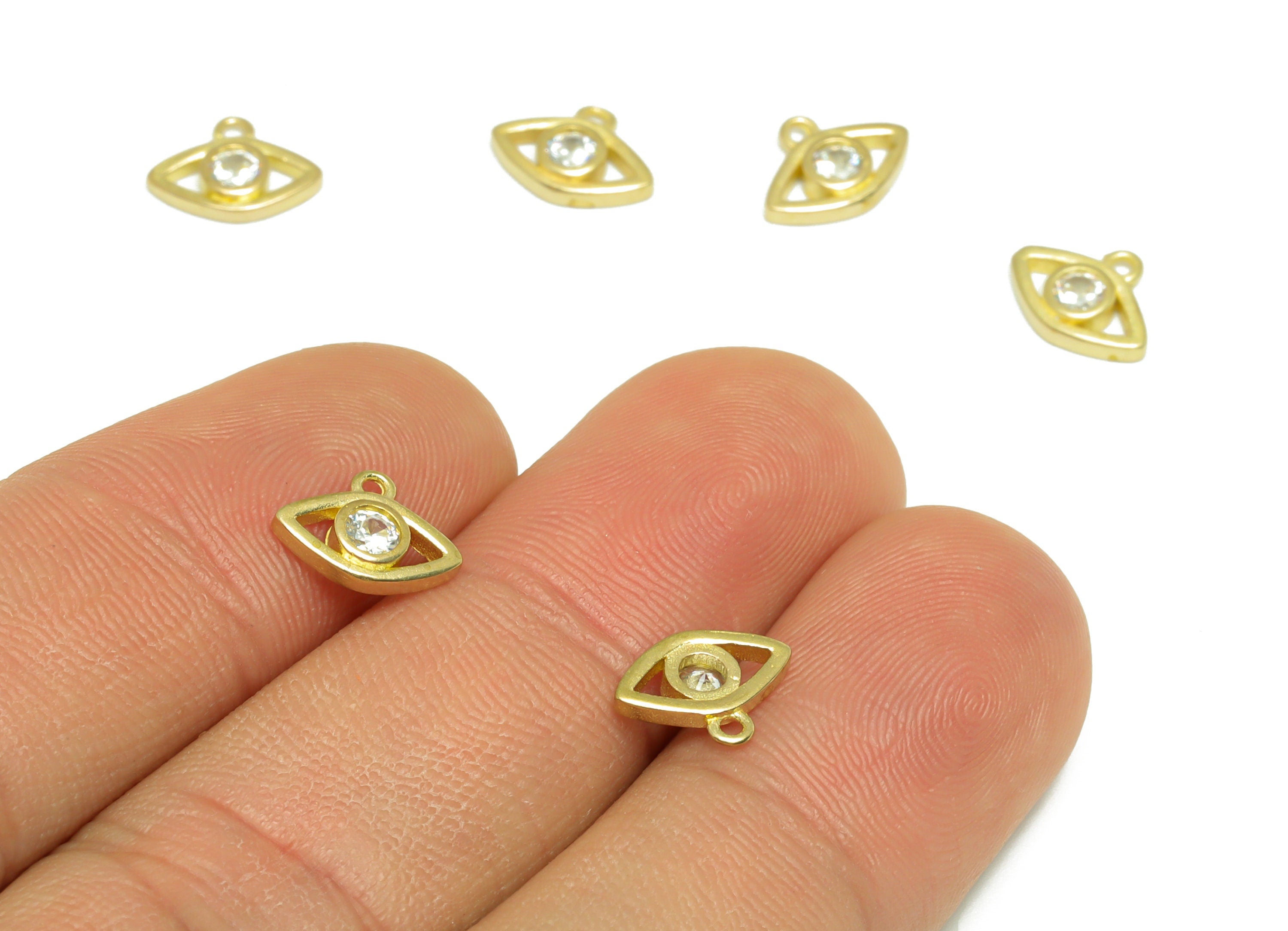 Brass CZ Eye Earring Charm - Raw Brass Eye Earring Pendant - Brass Cubic Zircon Earring Charm - Mini Eye Bracelet Charm - 9.9x7x1mm - PP9778 - DOMEDBAZAAR