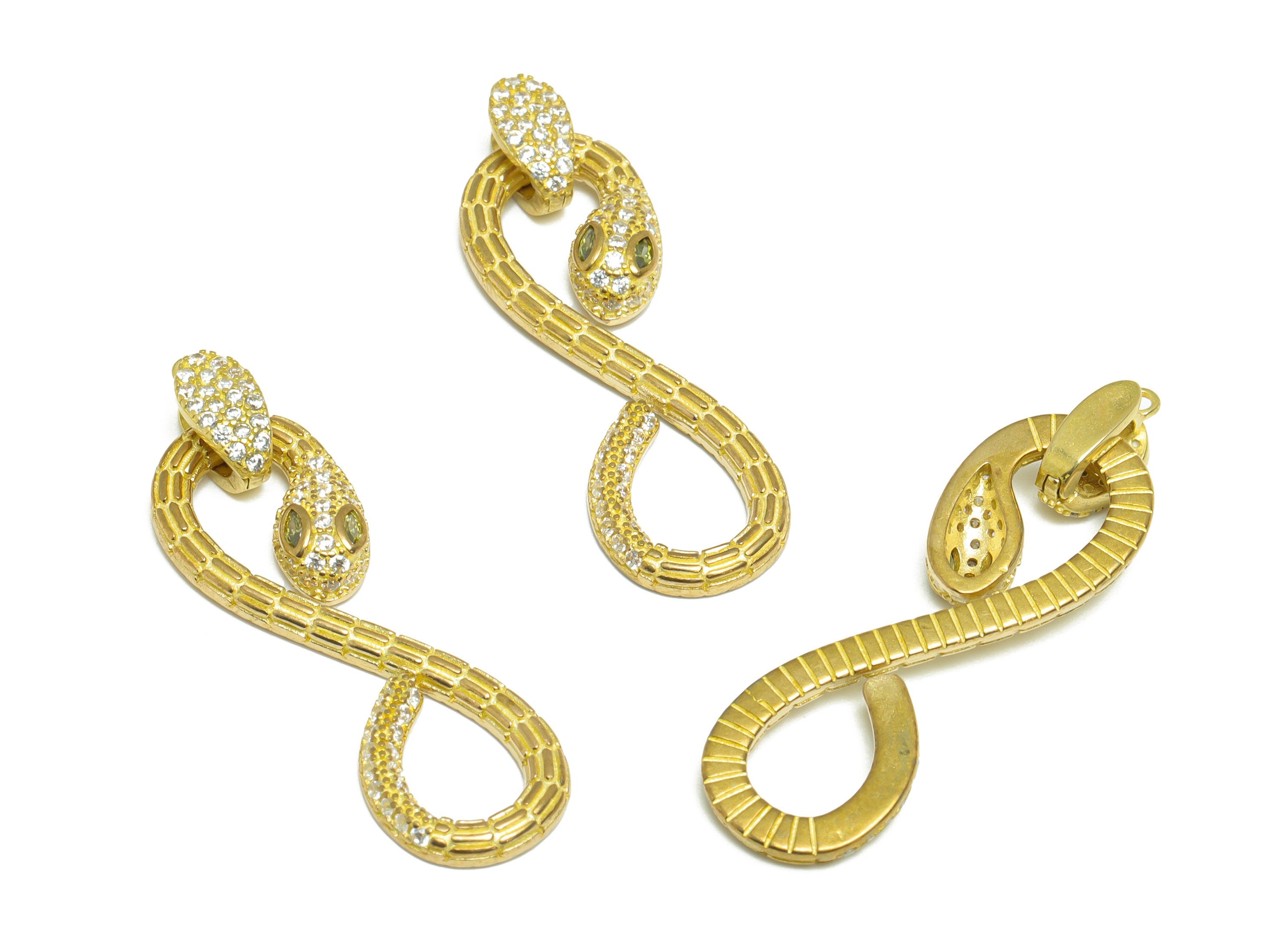 Brass Zircon Snake Earring Pendant - Brass Textured Snake Earring Charm - Raw Brass CZ Snake Pendant - For Necklace - 40x12.4x3.9mm - PP9781 - DOMEDBAZAAR