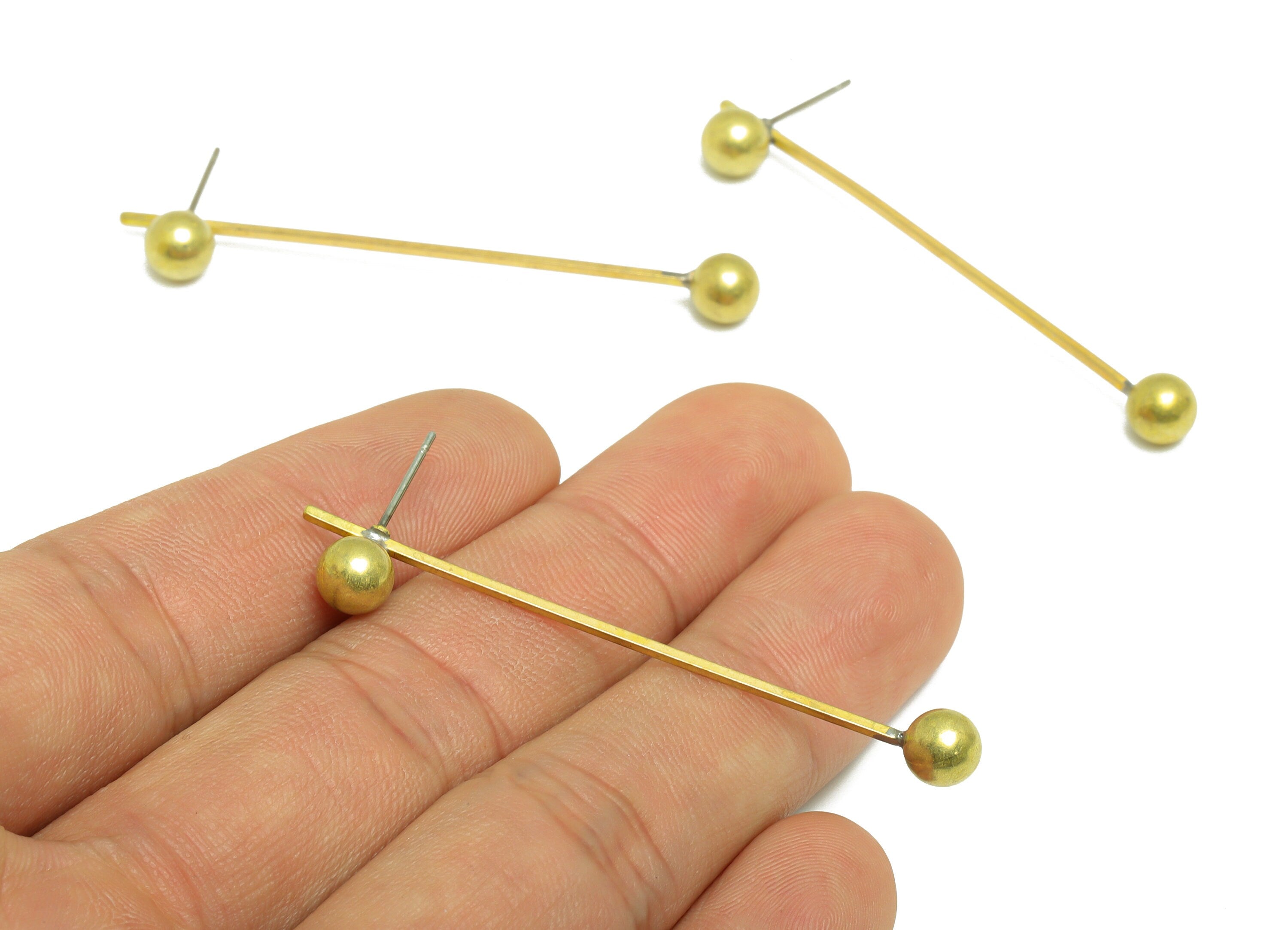 Brass Ball Bar Earring Stud - Raw Brass Stick Ball Earring Post - Brass Ball Wire Earring Post - Double Ball Earring Post - 55x6x1mm -PP9976 - DOMEDBAZAAR