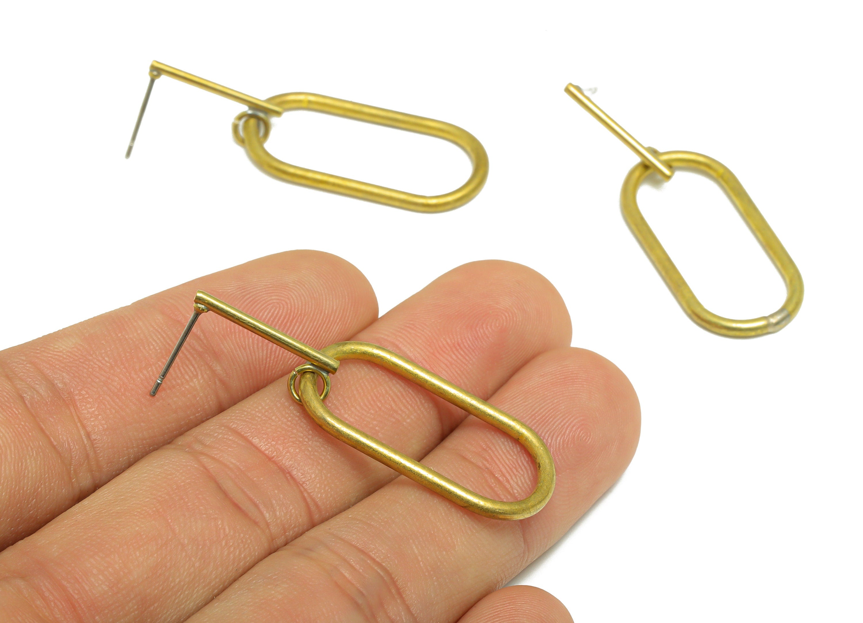 Brass Dangle Earring Stud - Raw Brass Oval Rectangle Earring Post - Brass Oval Ring Dangle Earring Post - 43.9x14.98x2mm - PP9963 - DOMEDBAZAAR