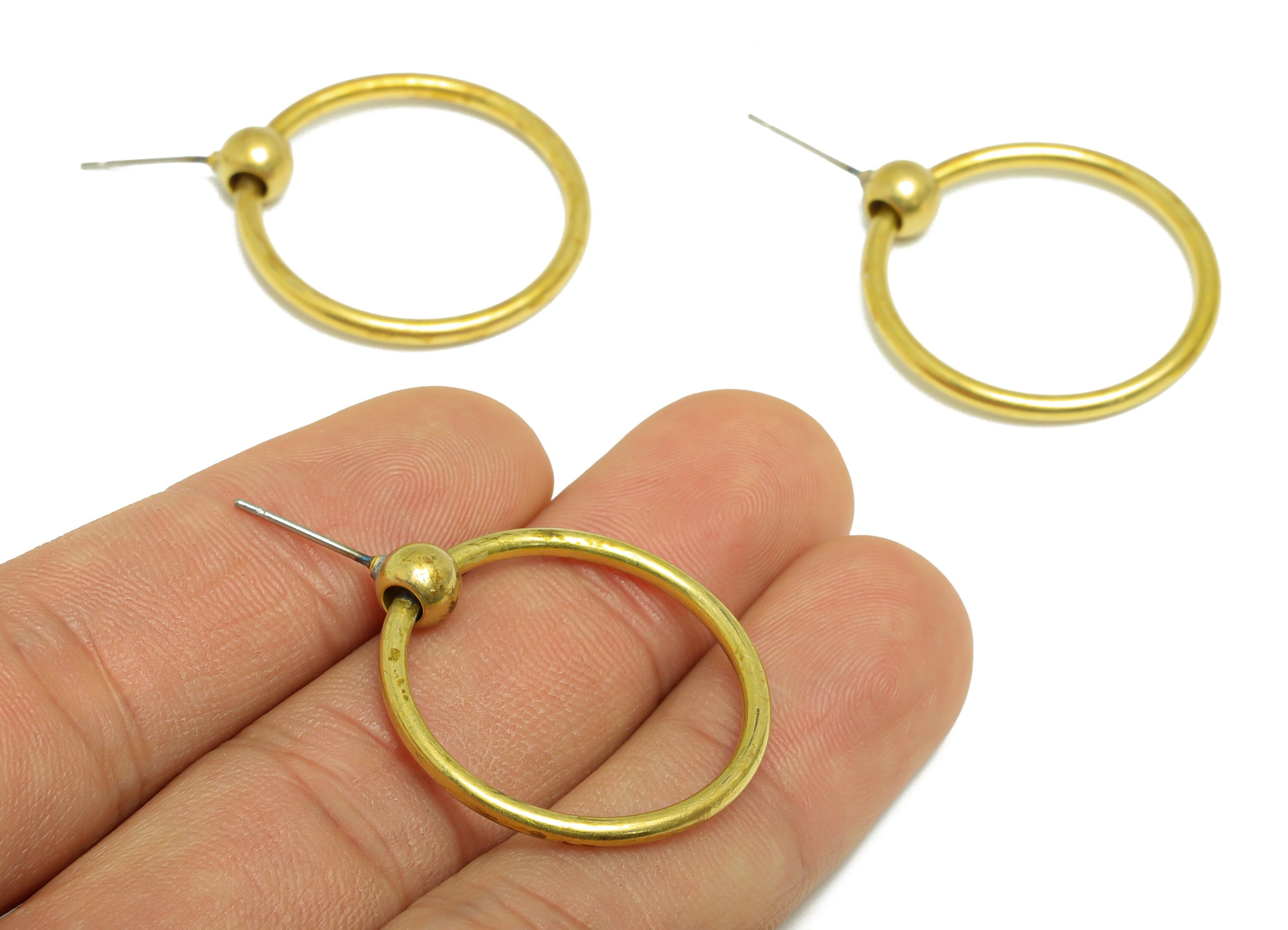 Brass Dangle Earring Stud - Raw Brass Round Ball Earring Post - Brass Circle Geometry Earring Post - 28x26.97x2.26mm - PP9927 - DOMEDBAZAAR