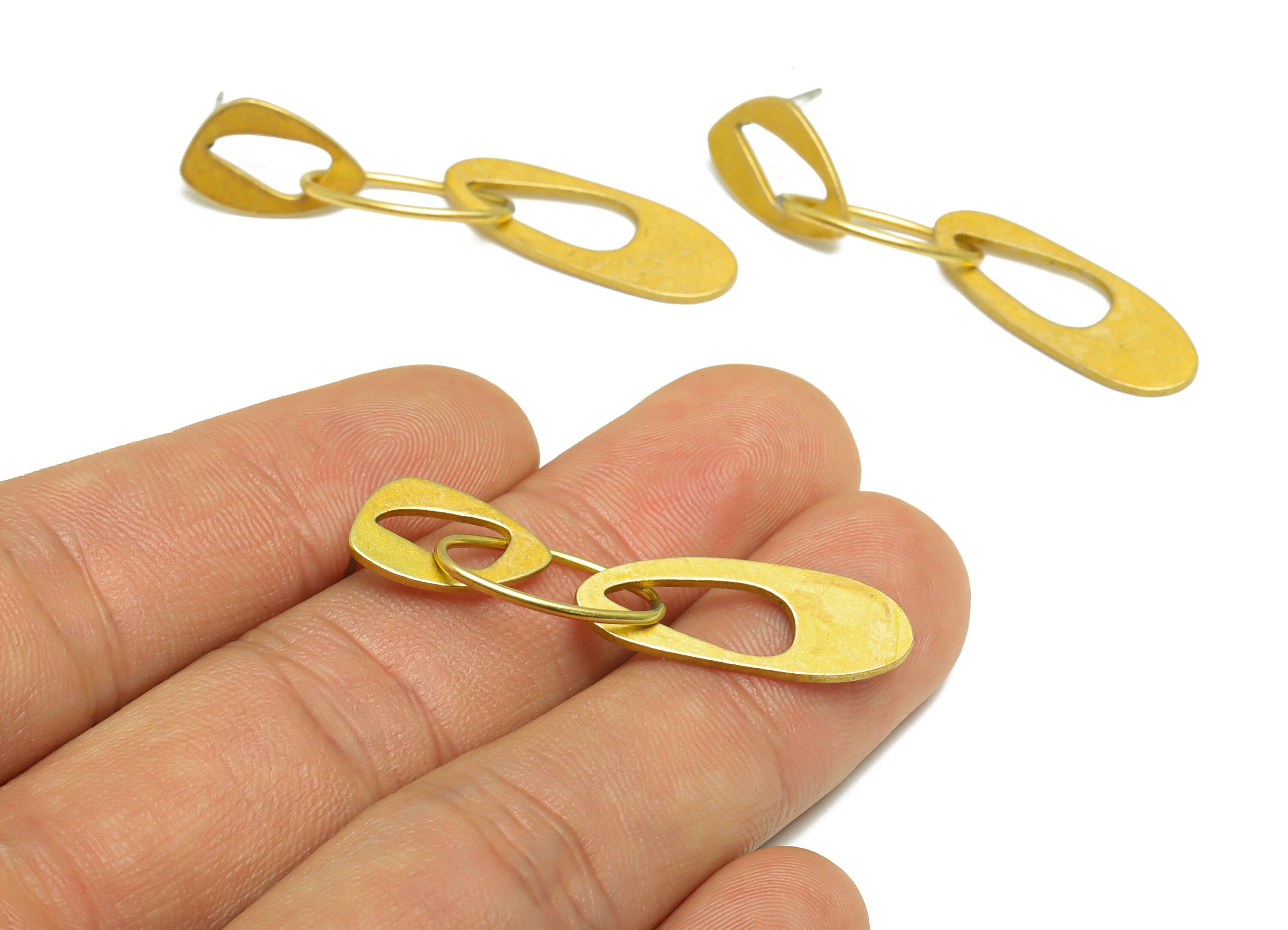 Brass Dangle Oval Earring Stud - Raw Brass Wire Interlocking Earring Post - Brass Geometry Earring Post - 48.52x8.89x0.99mm - PP9946 - DOMEDBAZAAR