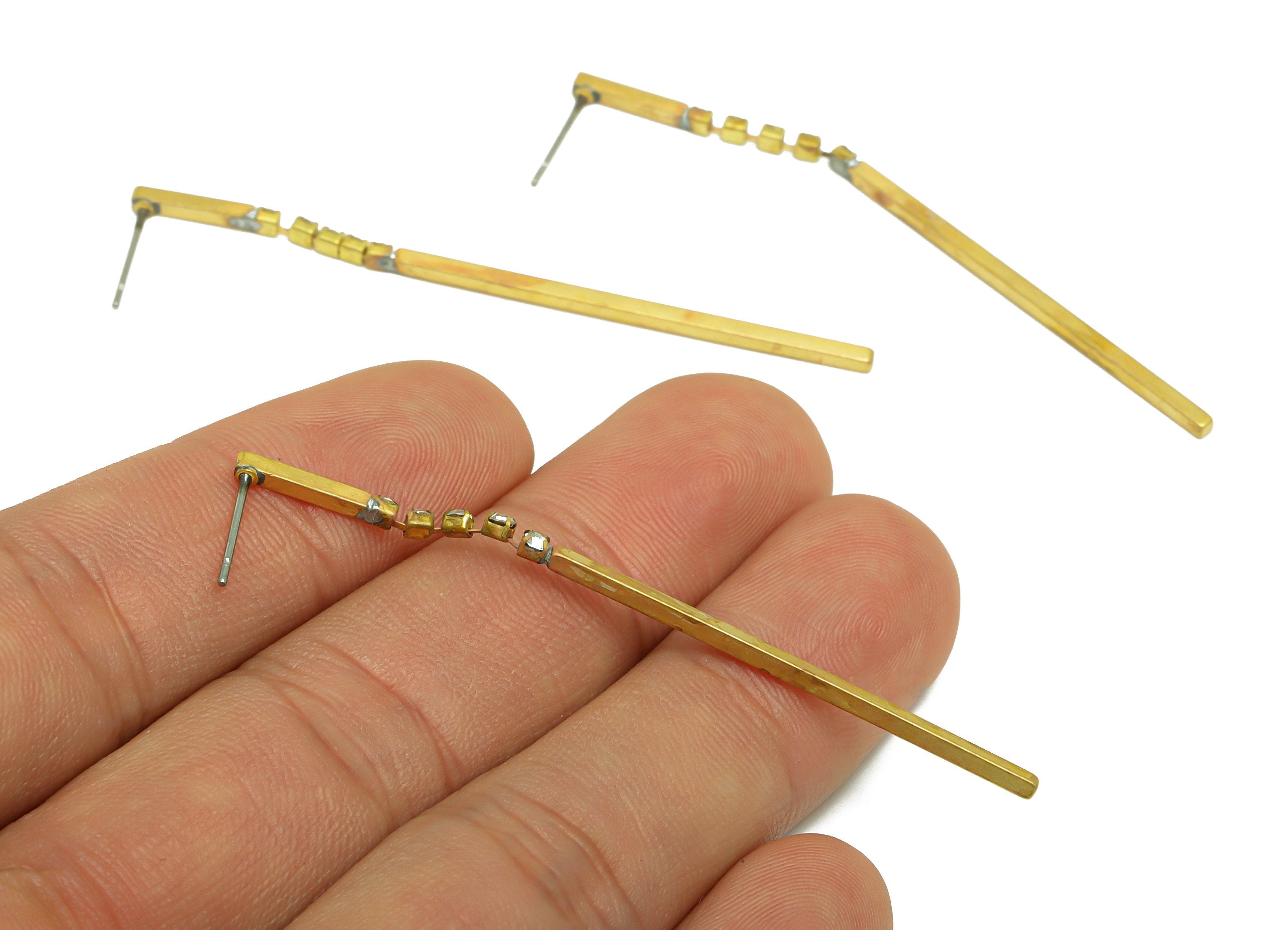 Brass CZ Dangle Earring Stud - Raw Brass Stick Earring Post - Brass Cubic Zircon Earring Post - CZ Bar Wire Post - 63.5x2.07x1.56mm - PP9945 - DOMEDBAZAAR