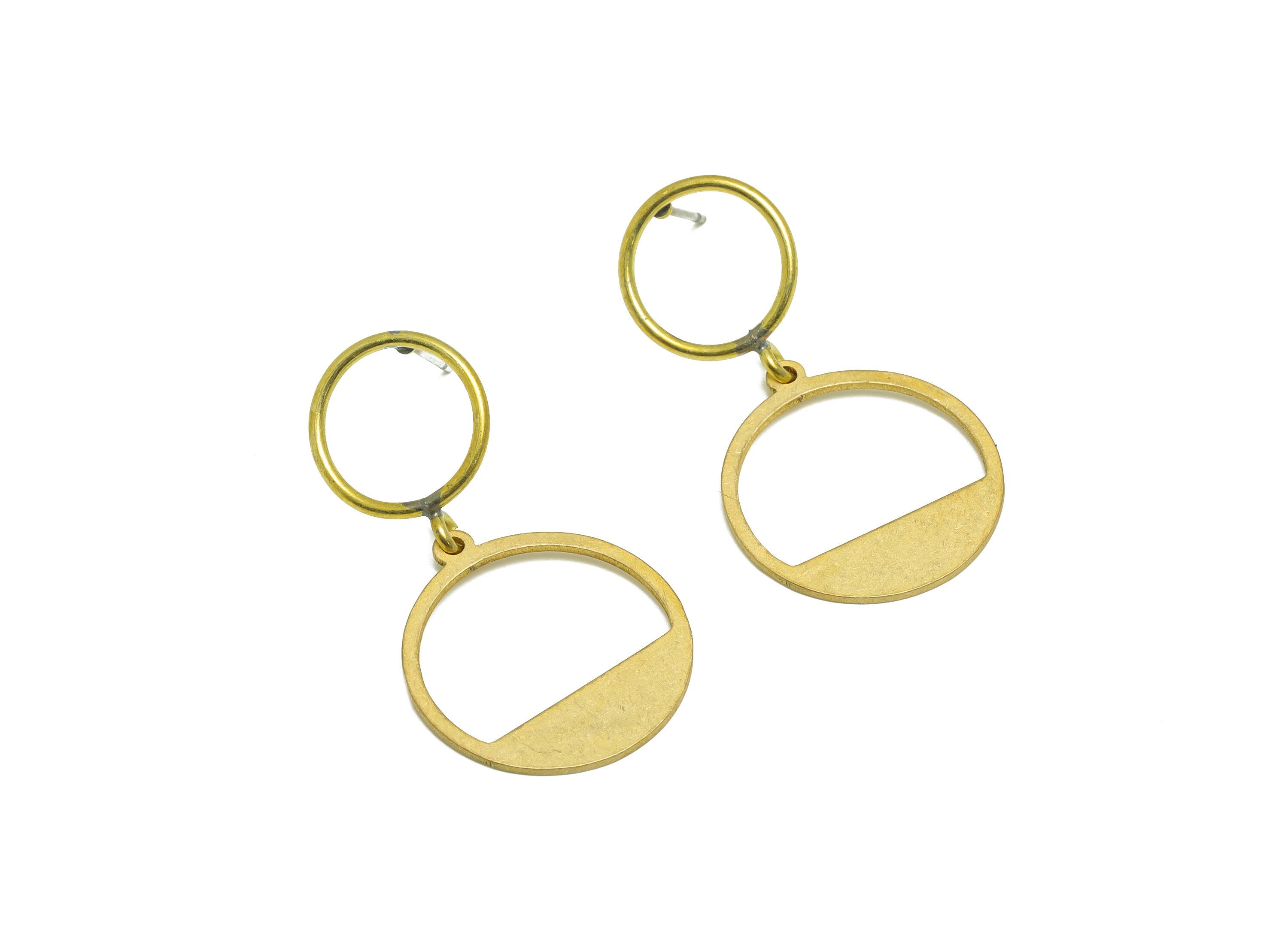 Brass Dangle Round Earring Stud - Raw Brass Round Earring Post - Brass Geometric Circle Earring Post - 37.58x19.93x1.2mm - PP9949 - DOMEDBAZAAR