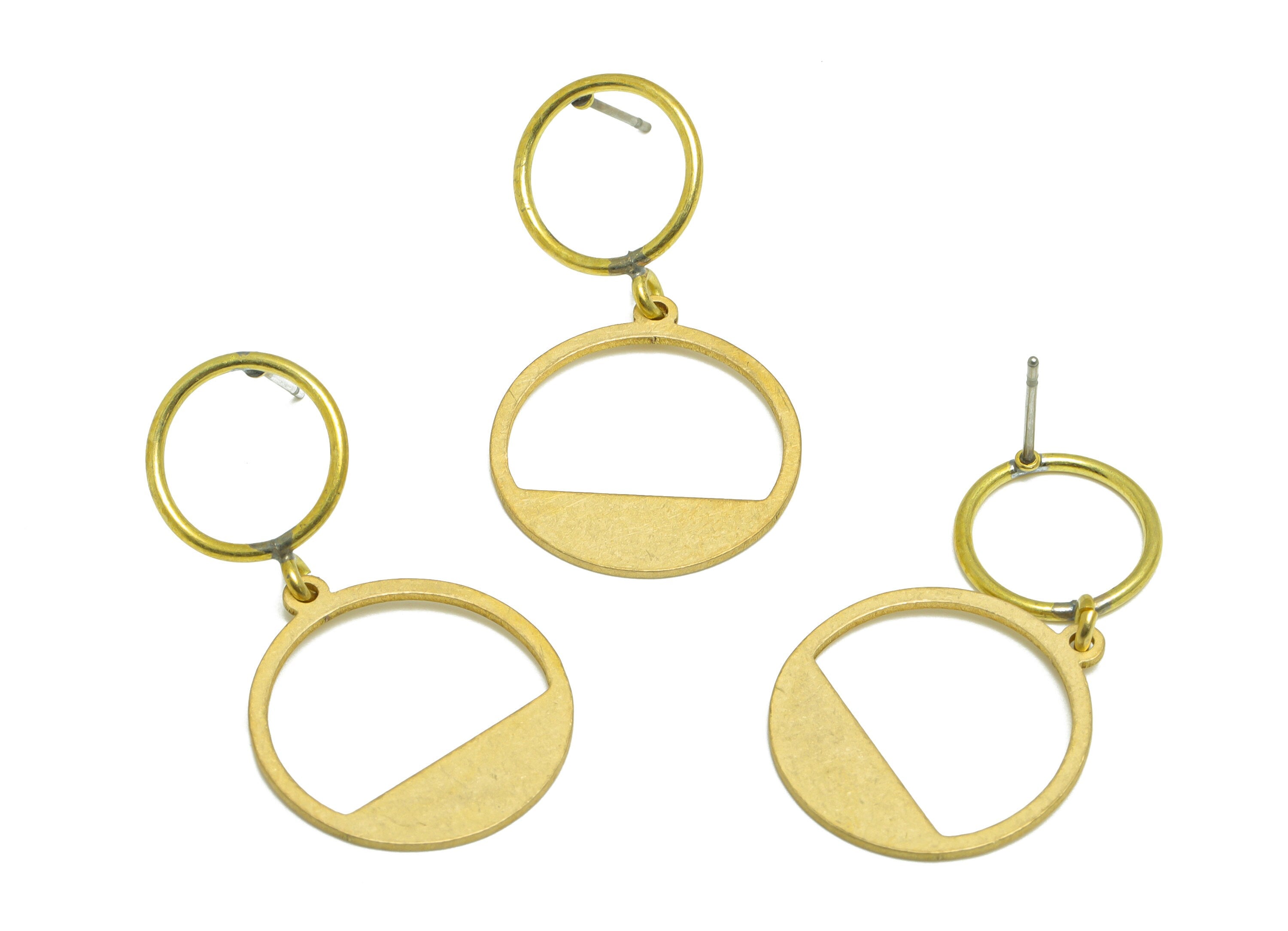 Brass Dangle Round Earring Stud - Raw Brass Round Earring Post - Brass Geometric Circle Earring Post - 37.58x19.93x1.2mm - PP9949 - DOMEDBAZAAR