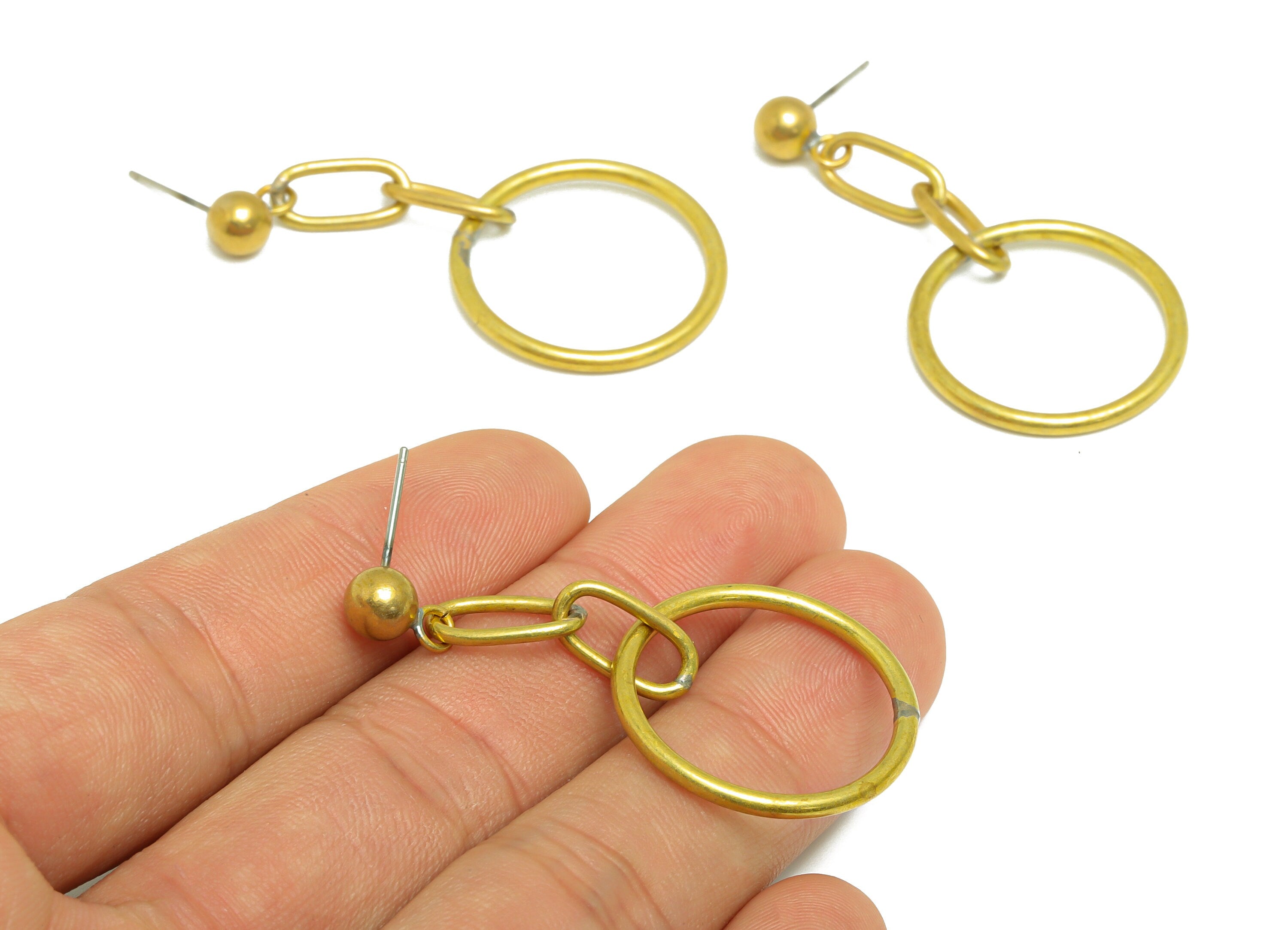 Brass Dangle Round Earring Stud - Raw Brass Oval Ball Earring Post - Brass Interlock Geometric Earring Post - 51.25x25x1.4mm - PP9935 - DOMEDBAZAAR