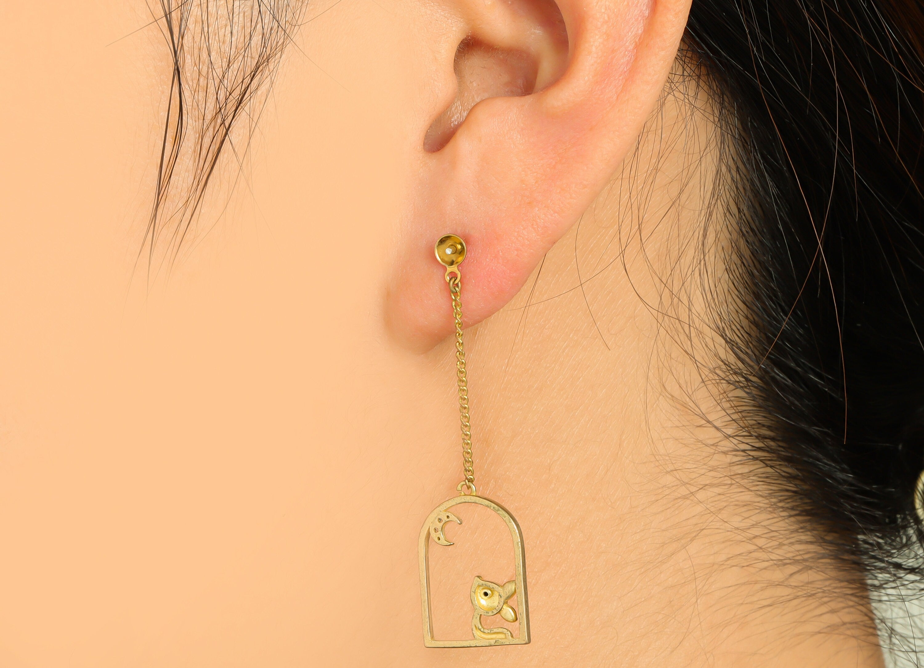 Brass CZ Dangle Earring Stud - Raw Brass Zircon Domed Chain Squirrel Earring - Star Crescent Pearl Setting For Earring - 46x13x2mm - PP9699 - DOMEDBAZAAR