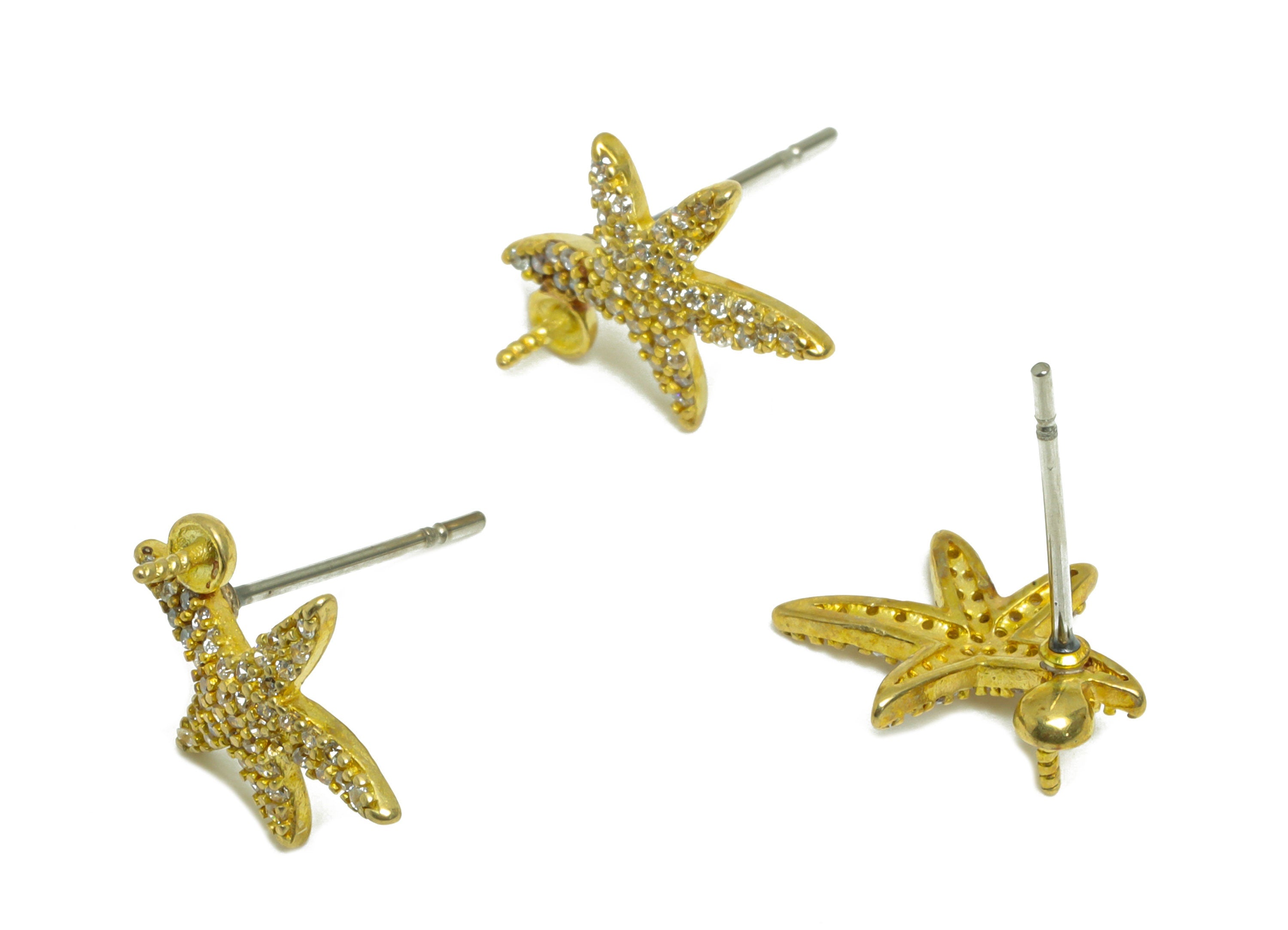 Brass CZ Starfish Earring Stud - Raw Brass Zircon Starfish Earring - Brass Star Earring Post - Pearl Setting For Earring - 13x10x2mm -PP9697 - DOMEDBAZAAR